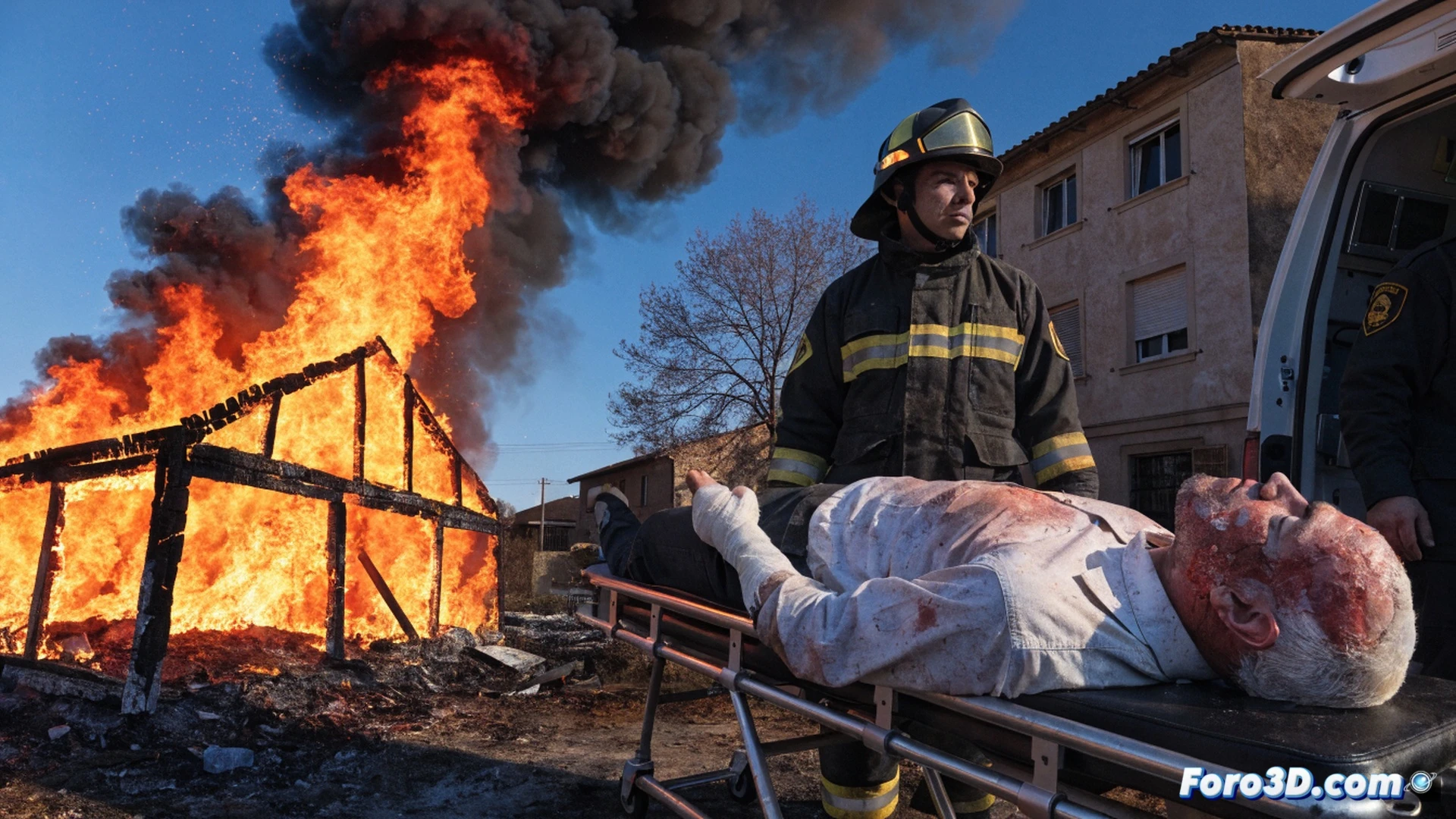 Casa unifamiliar en llamas durante la noche, fachada carbonizada con ventanas rotas, humo denso saliendo del tejado, un camión de bomberos con escalera extendida rociando agua sobre el fuego, un hombre siendo atendido en camilla por paramédicos en primer plano, cables eléctricos colgando de la fachada derretidos, detector de humo caído en el suelo, estilo cinematográfico realista, iluminación anaranjada de las llamas contrastando con el azul oscuro del cielo nocturno, fotografía técnica de emergencia, texturas detalladas de ladrillos ennegrecidos y vidrio roto, acción dramática de rescate