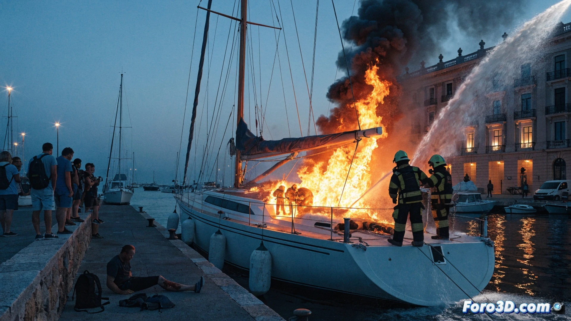 velero de 12 metros envuelto en llamas intensas en muelle nocturno, humo negro denso elevándose mientras bomberos en plataforma elevada dirigen chorros de espuma contra el casco ardiente, hombre herido siendo evacuado en camilla con corte profundo en pierna, embarcaciones cercanas reflejando destellos anaranjados del fuego, mangueras de alta presión conectadas a hidrantes, equipo de extinción con cascos y chaquetas reflectantes en acción coordinada, agua y espuma mezclándose en el suelo del puerto, estilo cinematográfico realista, iluminación dramática de emergencia con luces rojas y azules parpadeantes, atmósfera de tensión y urgencia, texturas metálicas quemadas y humo volumétrico, fotografía técnica de alta definición