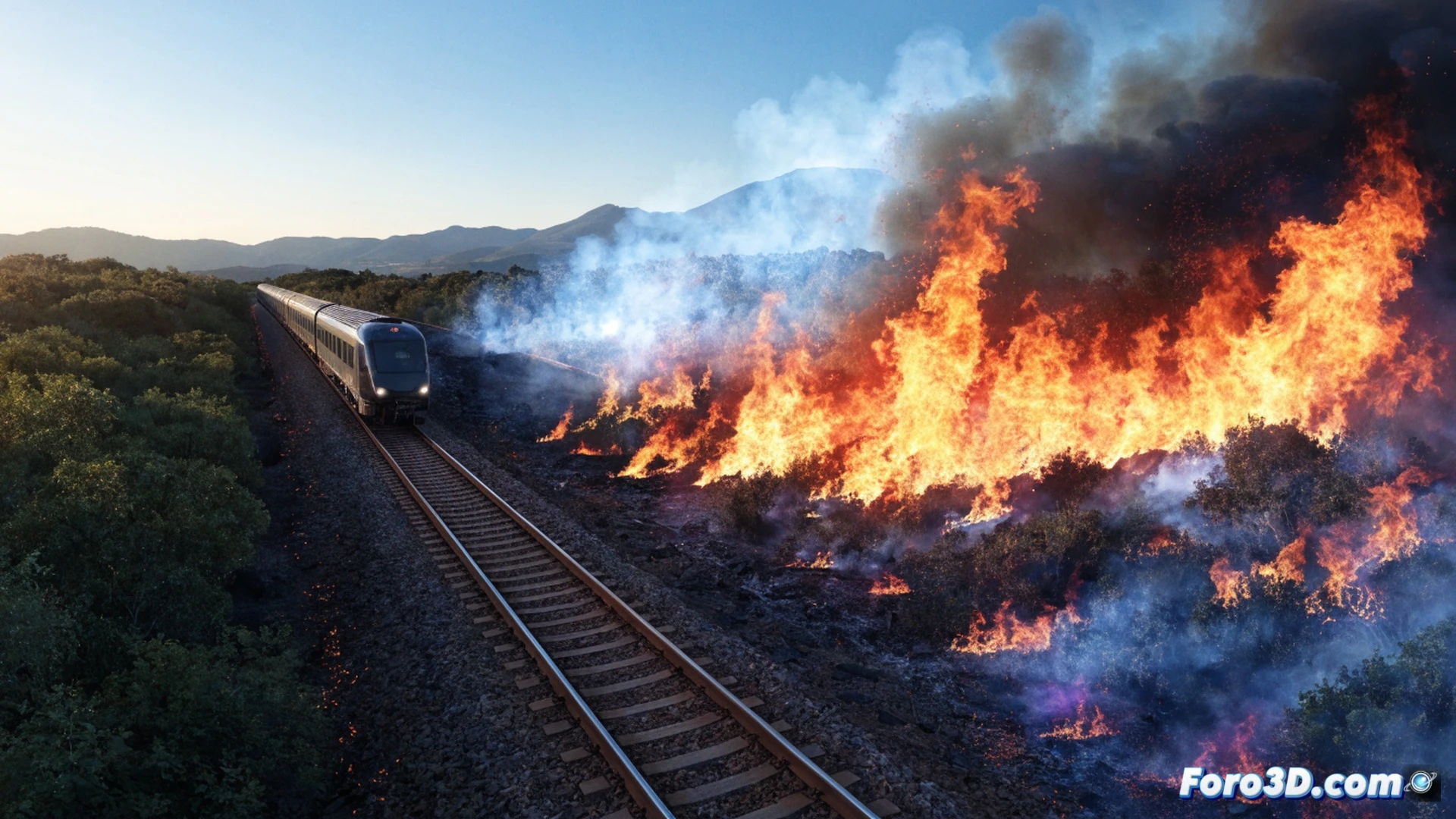 Incendio forestal paralelo a vías ferroviarias, llamas anaranjadas alcanzando catenarias y postes eléctricos, humo denso cubriendo los rieles, un tren de pasajeros detenido a media distancia con faros encendidos y ventanas iluminadas, bomberos con mangas de agua rociando la vegetación ardiente junto a la infraestructura, señal de semáforo ferroviario en rojo, ingenieros inspeccionando componentes eléctricos calcinados, cinematic photorealistic visualization, dramatic twilight sky, emergency vehicle lights reflejándose en el metal, ultra-detailed landscape, acción durante la interrupción del servicio