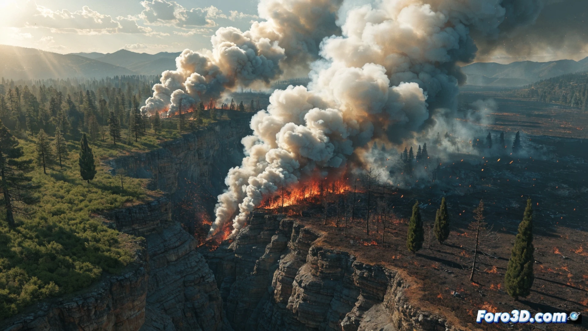 cinematic wide shot of a spanish forest hillside during extreme heatwave, flames consuming dry pine trees while a digital weather station displays red alert warnings, smoke columns rising against a hazy orange sky, firefighters in yellow protective gear using hoses near a burning farmhouse, cracked earth and withered vegetation in foreground, ultra-detailed photorealistic render, dramatic lighting with intense orange glow from fire, heat distortion waves visible in air, technical visualization of wildfire progression, high contrast between dark smoke and bright flames, cinematic composition with action unfolding