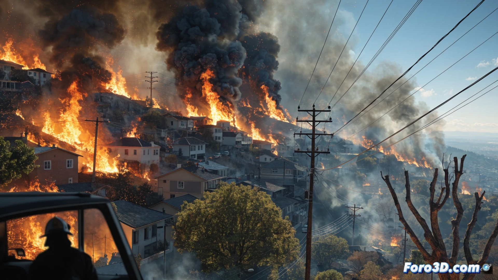 Zona de interfaz urbano-forestal durante un incendio activo, matorrales secos ardiendo a menos de 10 metros de viviendas, un cortafuegos parcialmente despejado con vegetación invasora creciendo en su interior, herramientas de desbroce abandonadas en primer plano, un mapa de riesgo sobre un portátil abierto mostrando zonas rojas sin intervención, cámara baja con humo denso y brasas volando, estilo cinematográfico fotorrealista, iluminación anaranjada contrastada con sombras oscuras, texturas de tierra quemada y ceniza, sensación de urgencia e inacción administrativa visible