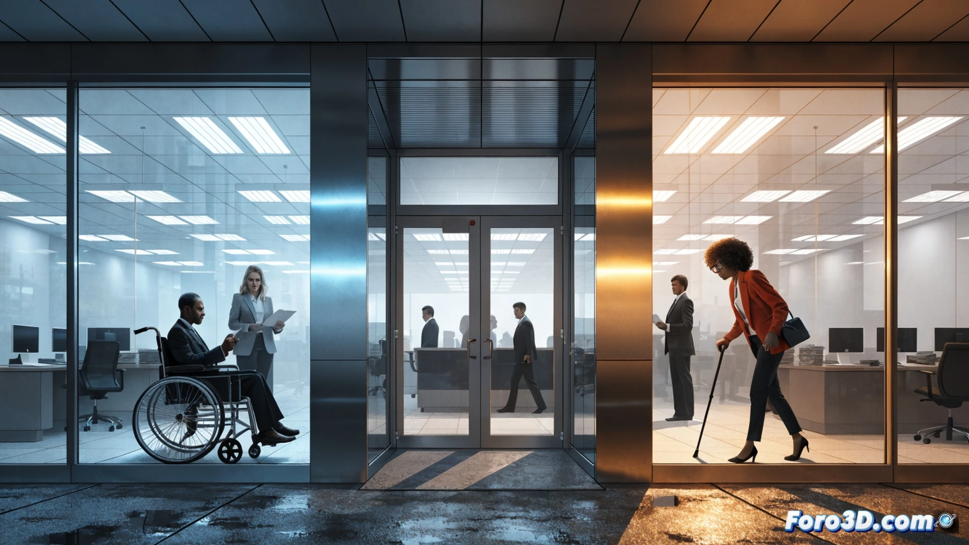 corporate office scene, a person in a wheelchair using a laptop at a desk, but the desk is too high and the person struggles to reach the keyboard, visible frustration on their face, behind them a large glass window displays a glossy billboard showing a diverse team smiling, while other employees walk past ignoring the situation, contrast between the fake marketing image and the real inaccessible workplace, realistic office lighting, cold fluorescent overheads, cinematic documentary style, photorealistic corporate interior, subtle dust particles in the air, technical details of the ill-fitting workstation