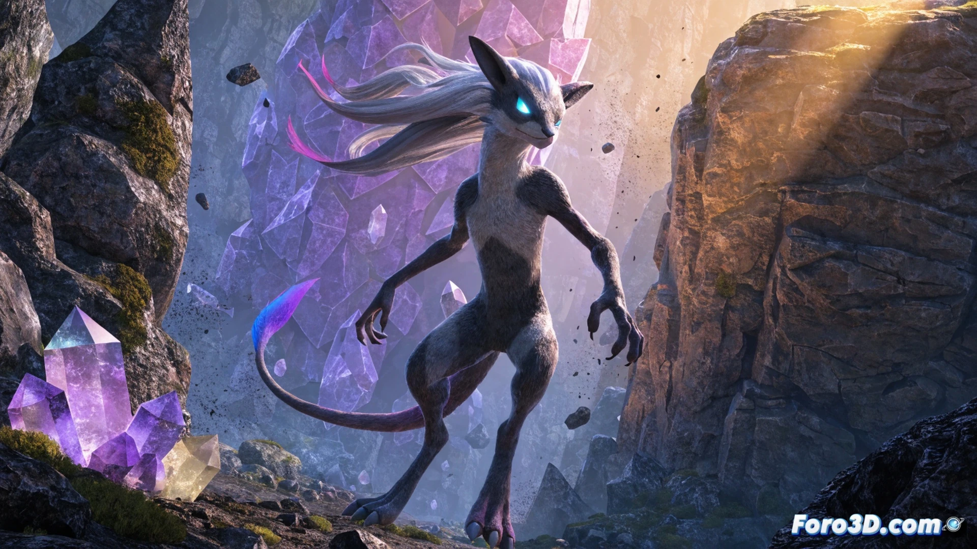 Pokemon battle scene with Inteleon using Snipe Shot attack against a glowing Tera Raid crystal, water droplets frozen mid-air around the blue lizard pokemon, player character throwing a Poke Ball, technical UI elements showing 7-star raid timer and reward items like Ability Patch and Rare Candy floating nearby, cinematic action shot, dynamic lighting with electric blue and purple energy trails, photorealistic creature render, particle effects sparking from the impact zone, dramatic angle from ground level, high-contrast shadows, detailed scale texture on Inteleon's skin