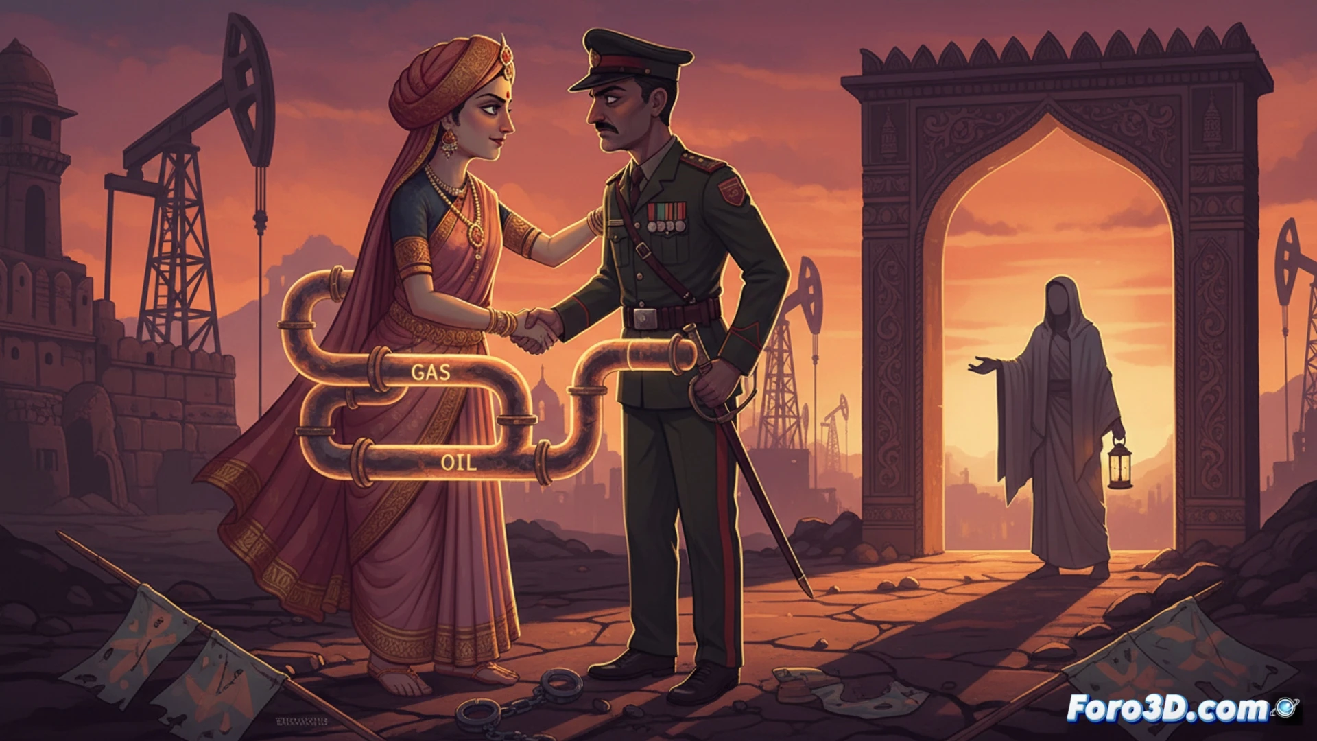 oil pipeline extending from Myanmar border into India, military officers in camouflage standing beside a control panel with pressure gauges, a civilian protester wearing a democracy symbol being blocked by a chain-link fence in the background, pipeline valves and steel joints showing industrial infrastructure, photorealistic technical illustration, harsh contrasting lighting between bright industrial area and shadowed protest zone, rusted metal textures, pipeline corrosion details, dramatic cinematic composition, hyper-detailed mechanical engineering visualization