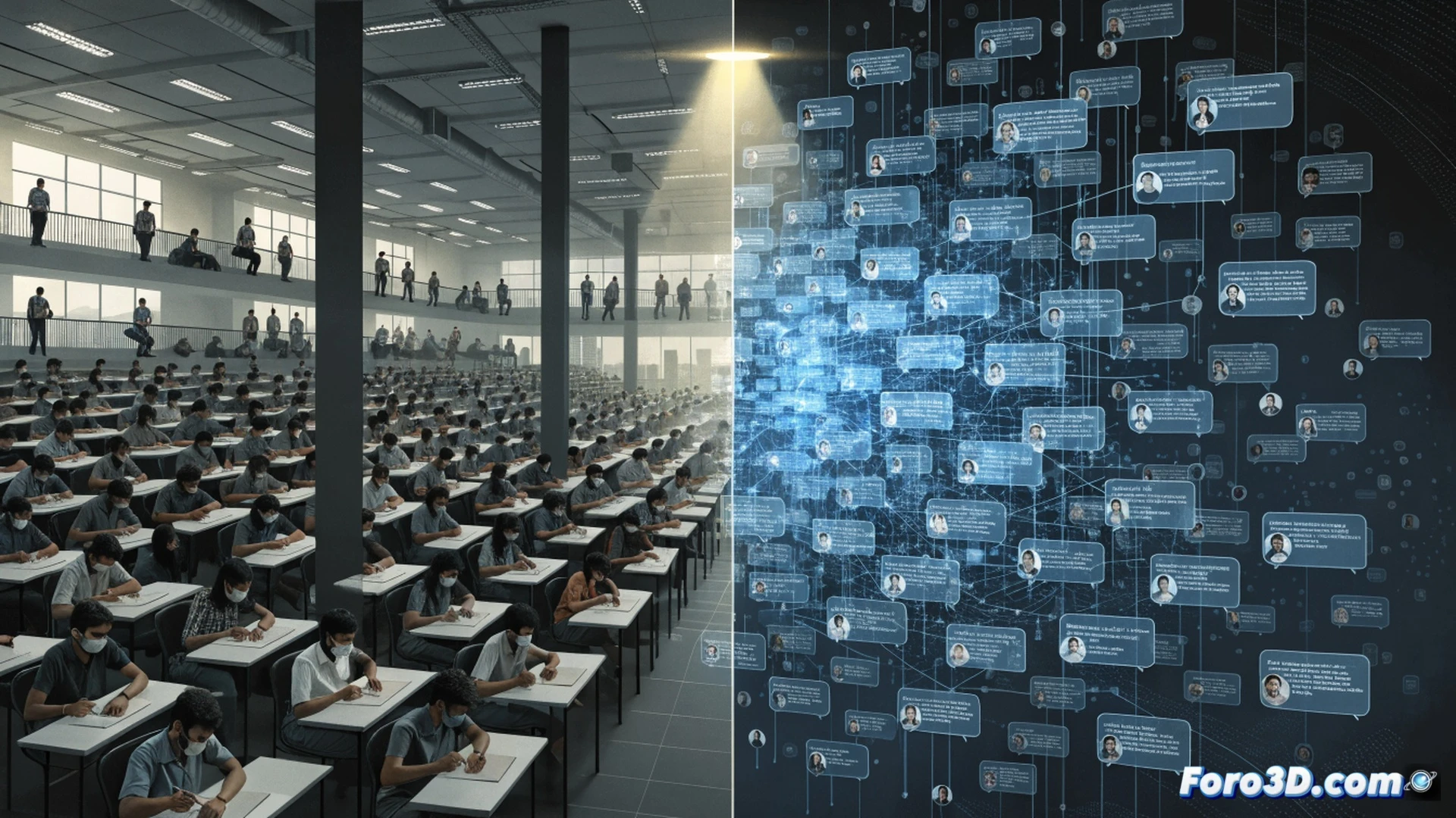 digital padlock icon hovering over a glowing smartphone screen showing Telegram app interface, while a row of medical exam papers and biometric fingerprint scanners are arranged on a desk below, a hand reaching to disable an edit message button on the screen, network blockage symbols like red crossed signal bars floating above, dark blue and grey color palette, cinematic technical illustration, high contrast dramatic lighting, photorealistic render, sleek metallic surfaces, shadow of gavel falling across the scene, intense focus on exam integrity