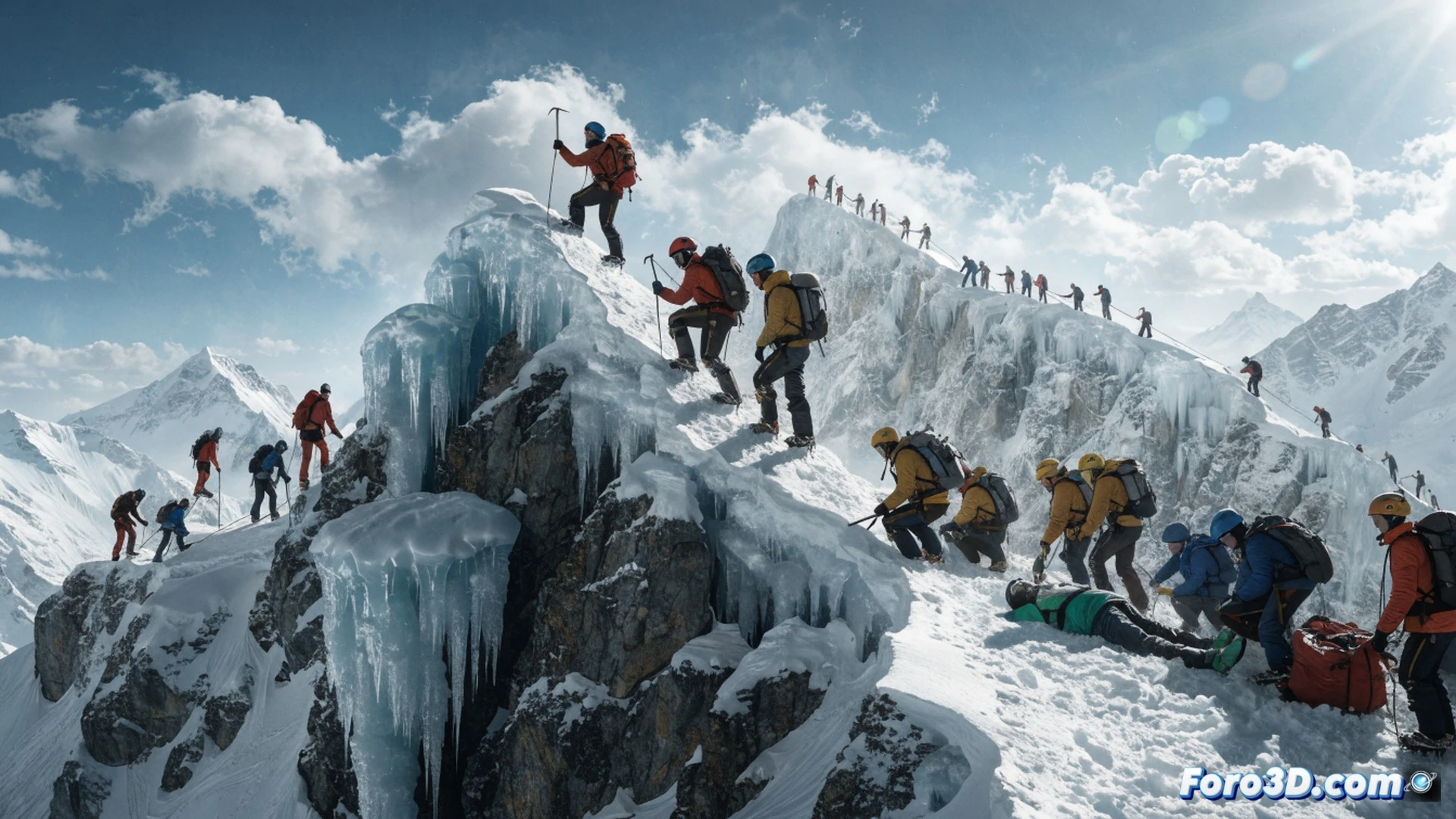 sherpa team in oxygen masks and climbing gear lifting frozen body wrapped in orange tarp from icy rock ledge at 8000 meters, green boots visible, icy slope with fixed ropes and karabiners, helicopter hovering in thin blue sky above, extreme altitude, cinematic photorealistic technical illustration, harsh sunlight casting long shadows, ice crystals floating in air, detailed climbing equipment and oxygen tanks, dramatic mountain ridge backdrop, ultra-realistic textures of ice and fabric