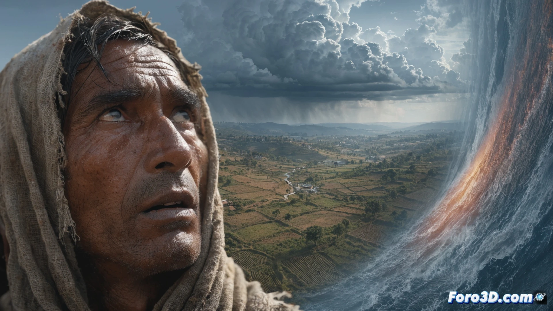 Indian farmer standing in cracked dry paddy field, holding a smartphone displaying drought monitoring app with red alert zones, monsoon clouds dispersing overhead while a drone sprays water over wilting crops, cinematic photorealistic technical visualization, golden hour lighting contrasting dark storm clouds, soil moisture sensors embedded in parched earth, agricultural dashboard data projected faintly in background, ultra-detailed textures of dry leaves and cracked mud, realistic atmospheric haze, dramatic tension between technology and nature