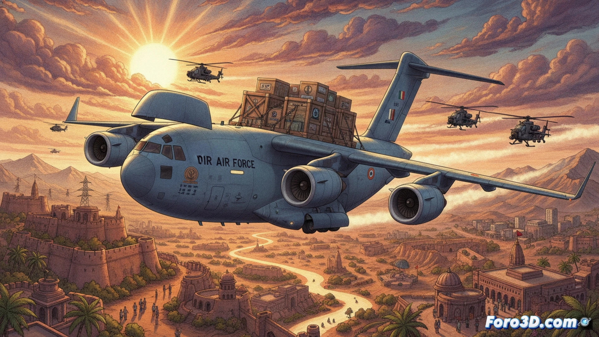 Indian Air Force cargo plane interior, military personnel in olive uniforms handling sealed exam packages wrapped in tamper-proof holographic tape, secure metal briefcases with digital locks stacked on pallets, pilot in cockpit adjusting flight controls while co-pilot checks GPS navigation screen, exam documents visible through transparent security seals, overhead compartment lights casting sterile glow on reinforced floor, cinematic photorealistic style, high-angle shot showing organized transport process, dramatic shadows, realistic aircraft cabin details, industrial security aesthetic, motion blur on rotating turbine visible through window