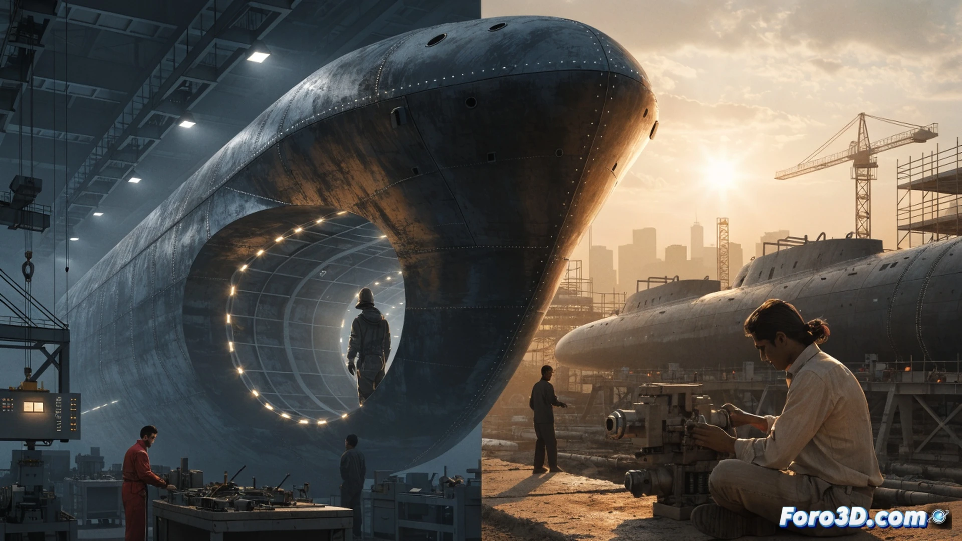 Naval shipyard assembly hall, Indian engineers and German technicians collaborating on submarine hull section welding, massive pressure hull ring being positioned by overhead crane, advanced sonar array installation in progress, HD photorealistic technical illustration, steel plates with weld seams glowing orange, control panels with wiring harnesses visible, industrial lighting casting sharp shadows, blueprint holograms projected above workstations, robotic arms performing precision tasks, deep blue and grey metallic tones, ultra-detailed mechanical components, cinematic engineering visualization