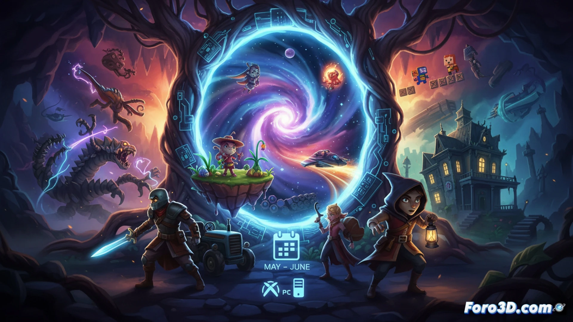Xbox console and gaming PC side by side, glowing demo selection screen with 30 indie game tiles, a player’s hand pressing a controller button while cursor hovers over a metroidvania demo tile, action showing a simulation game loading on screen, terror genre thumbnail with dark forest scene, technical illustration style, clean UI elements, soft blue ambient light from monitor, realistic hardware details, sleek modern desk setup, cinematic game festival atmosphere
