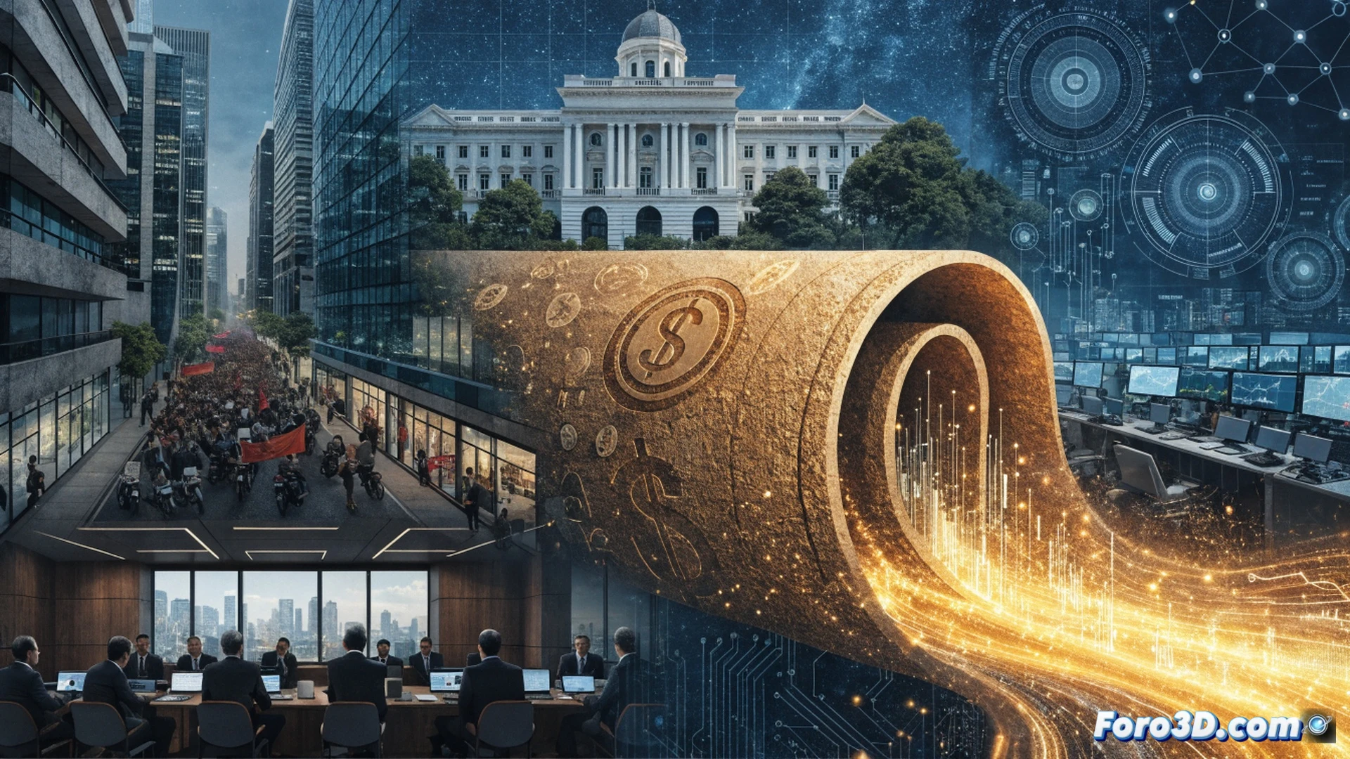 financial bond issuance scene, Indonesian government officials shaking hands with international investors around a large mahogany conference table, holographic stock market charts showing green upward trends floating above the table, stacks of US dollar bills and bond certificates being counted by financial analysts in suits, large LED screens displaying the number 1.5 billion USD with a rising arrow, protestors visible through floor-to-ceiling windows holding signs while police maintain order outside, cinematic photorealistic style, dramatic chiaroscuro lighting from overhead spotlights, polished marble floor reflections, ultra-detailed facial expressions showing relief and confidence, technical financial illustration