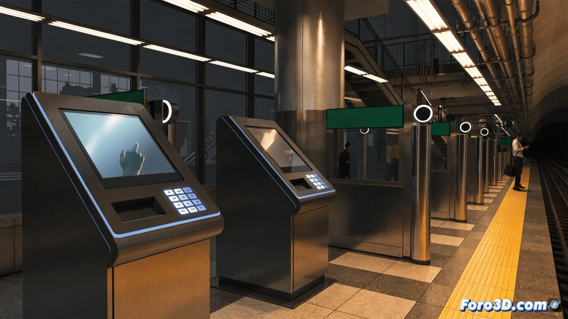 Modern subway station interior, commuters approaching a sleek touchscreen ticket vending machine, glowing digital interface displaying fare options, a hand tapping the screen while a smartphone hovers near the contactless payment sensor, mechanical ticket dispenser sliding a card out, network cables and circuit board details visible through a cutaway panel, 500,000 daily passenger flow implied by blurred crowd movement, realistic engineering visualization, cool blue LED lighting, brushed metal housing, photorealistic technical illustration, cinematic angle from low perspective showing user interaction and machine internals simultaneously