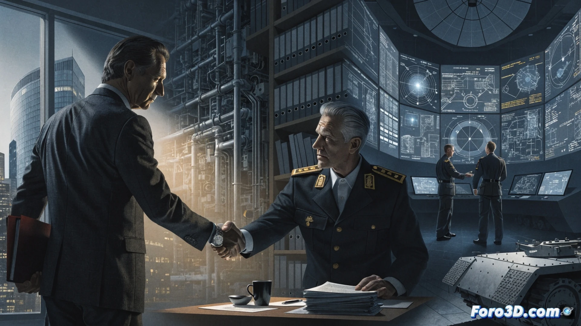 cinematic wide shot of a joint venture contract signing ceremony, Indra and Santa Barbara Sistemas executives exchanging documents, digital holographic blueprints of artillery systems floating above the table, defense contract documents with 51% and 49% shareholding percentages, glowing financial figures of 7.240 billion euros projected on a transparent screen, industrial factory background with robotic arms assembling military hardware, Spanish flag and EU defense insignia on the wall, photorealistic engineering visualization, dramatic overhead lighting, metallic briefcases and technical folders, high-tech boardroom atmosphere, ultra-detailed suits and handshake action