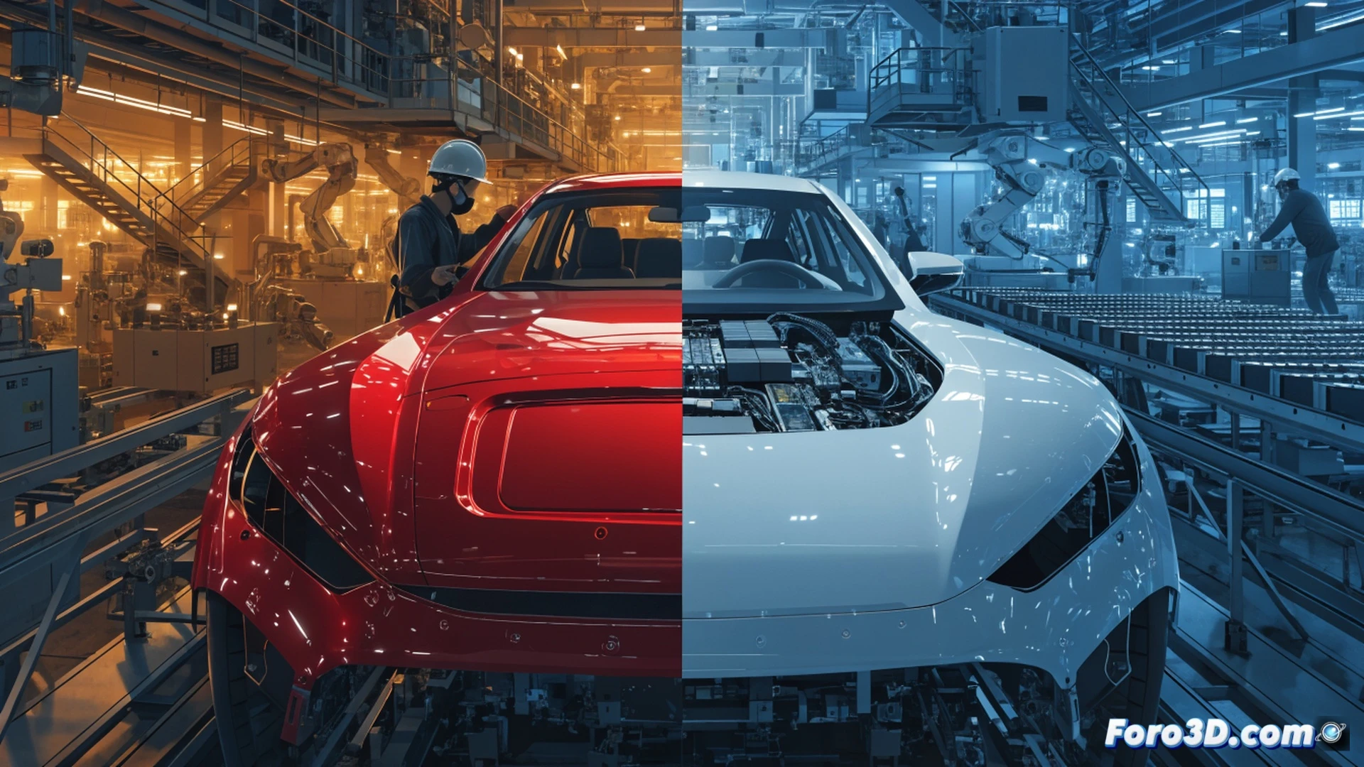 automotive assembly line with partially assembled electric vehicle chassis suspended mid-air, robotic arms installing battery pack modules while glowing energy cables connect to drivetrain, factory workers in protective gear monitoring holographic demand forecast screens showing rising sales curves, conveyor belt carrying affordable EV components, cinematic engineering visualization, bright industrial LED lighting, sparks from welding tools, metallic reflections on floor, ultra-detailed mechanical joints and wiring, photorealistic technical render