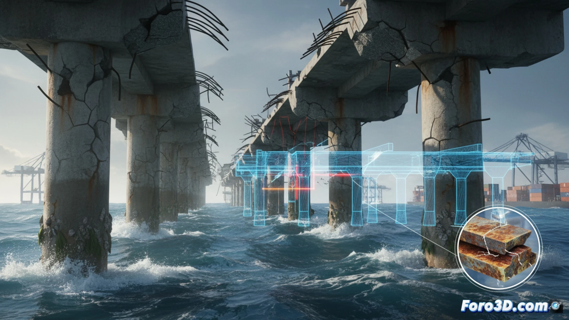 Simulación 3D de colapso progresivo de muelle portuario con grietas y deformación estructural por corrosión salina