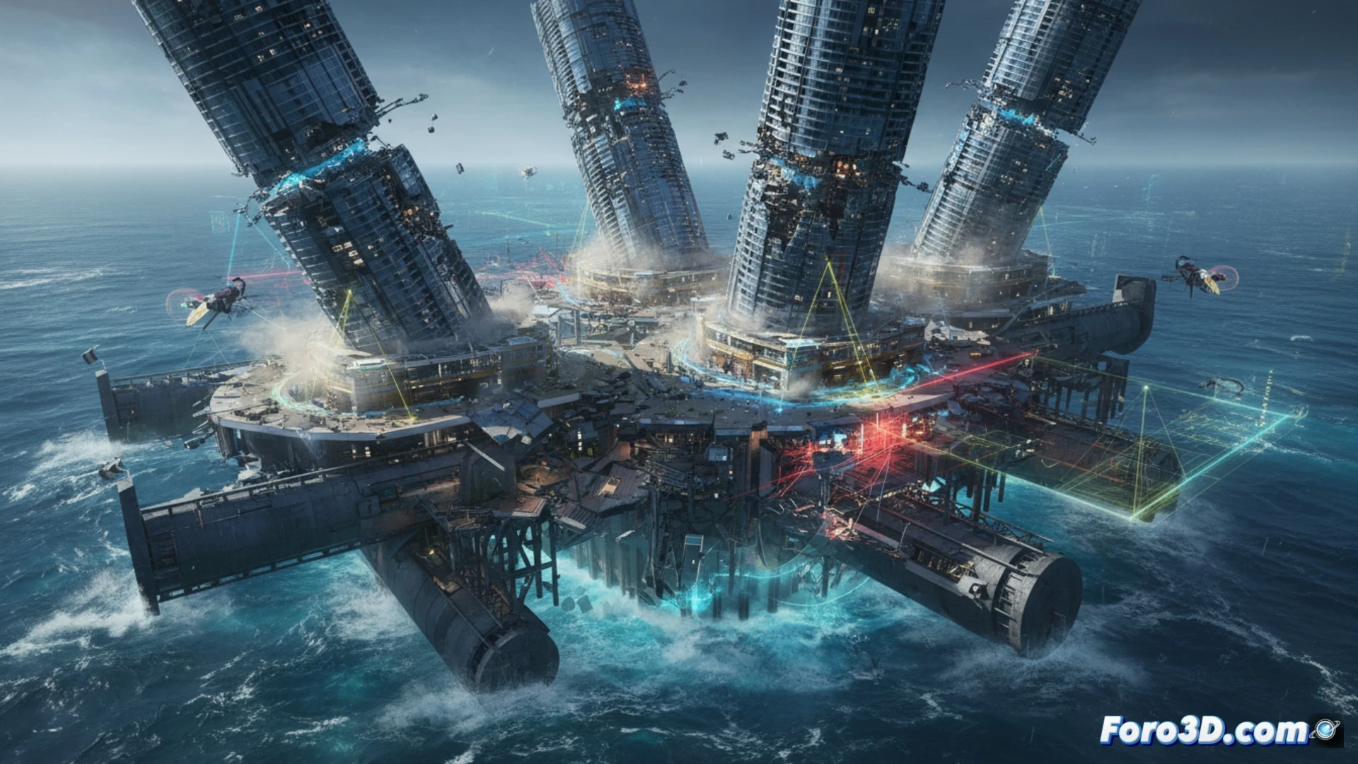 Simulación 3D de una ciudad flotante inclinándose, con grietas en el casco y olas golpeando la estructura urbana
