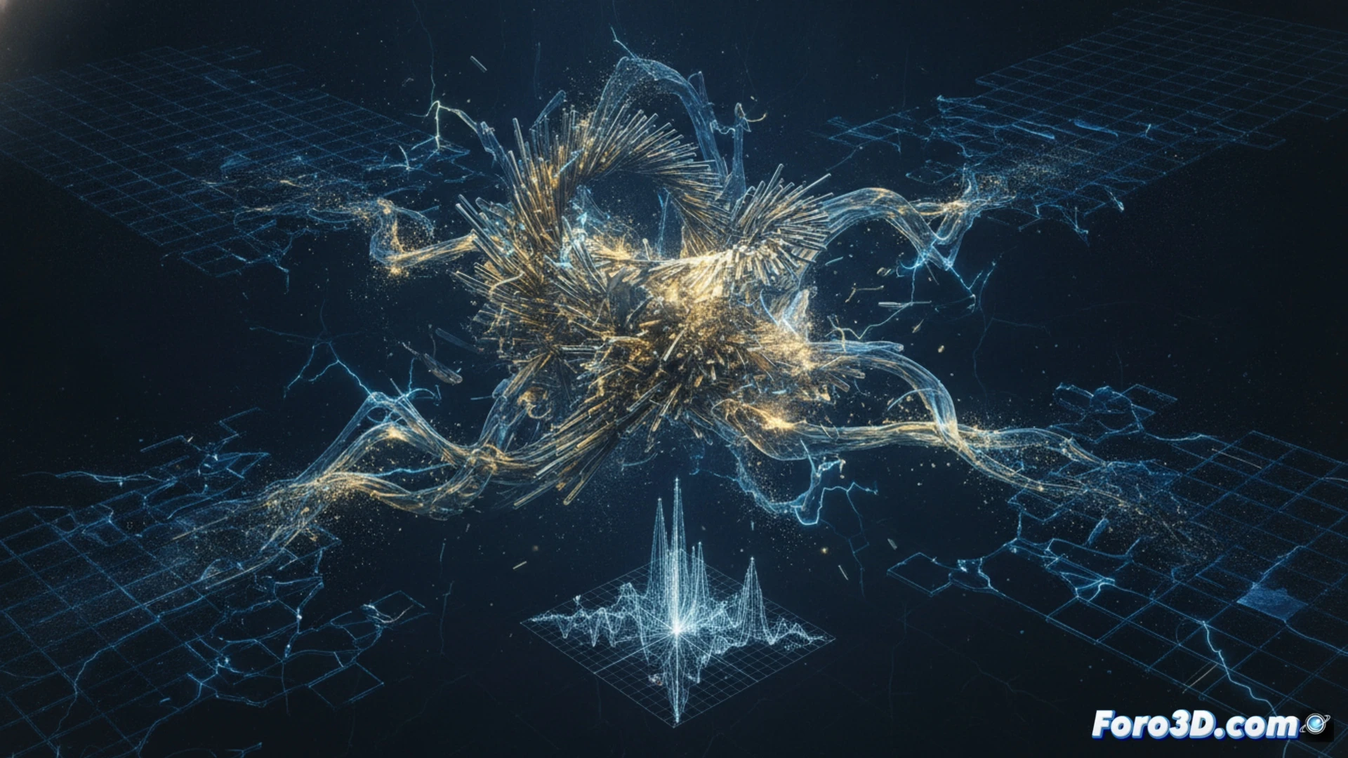 Simulación 3D de inestabilidad en cristal líquido mostrando transición de fase molecular ordenada a caótica