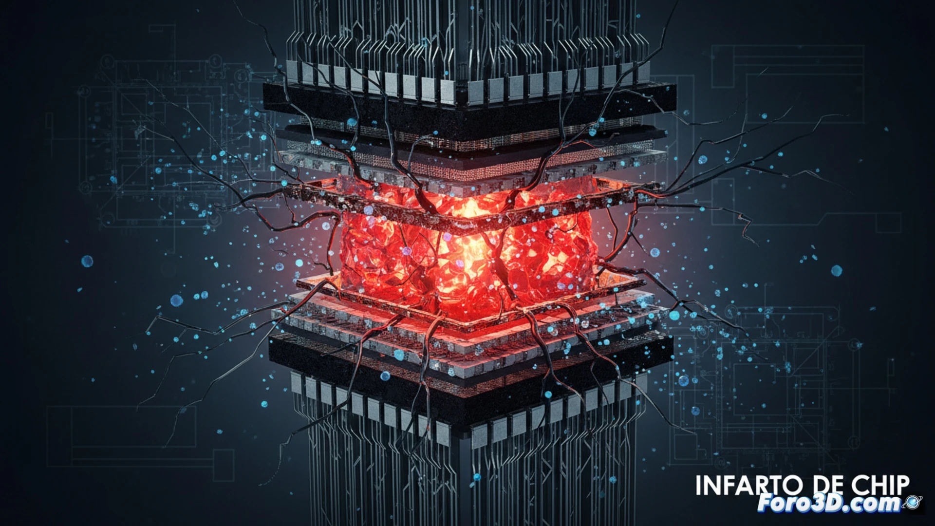 Microchip semiconductor defectuoso con zonas quemadas y capas delaminadas en primer plano microscópico