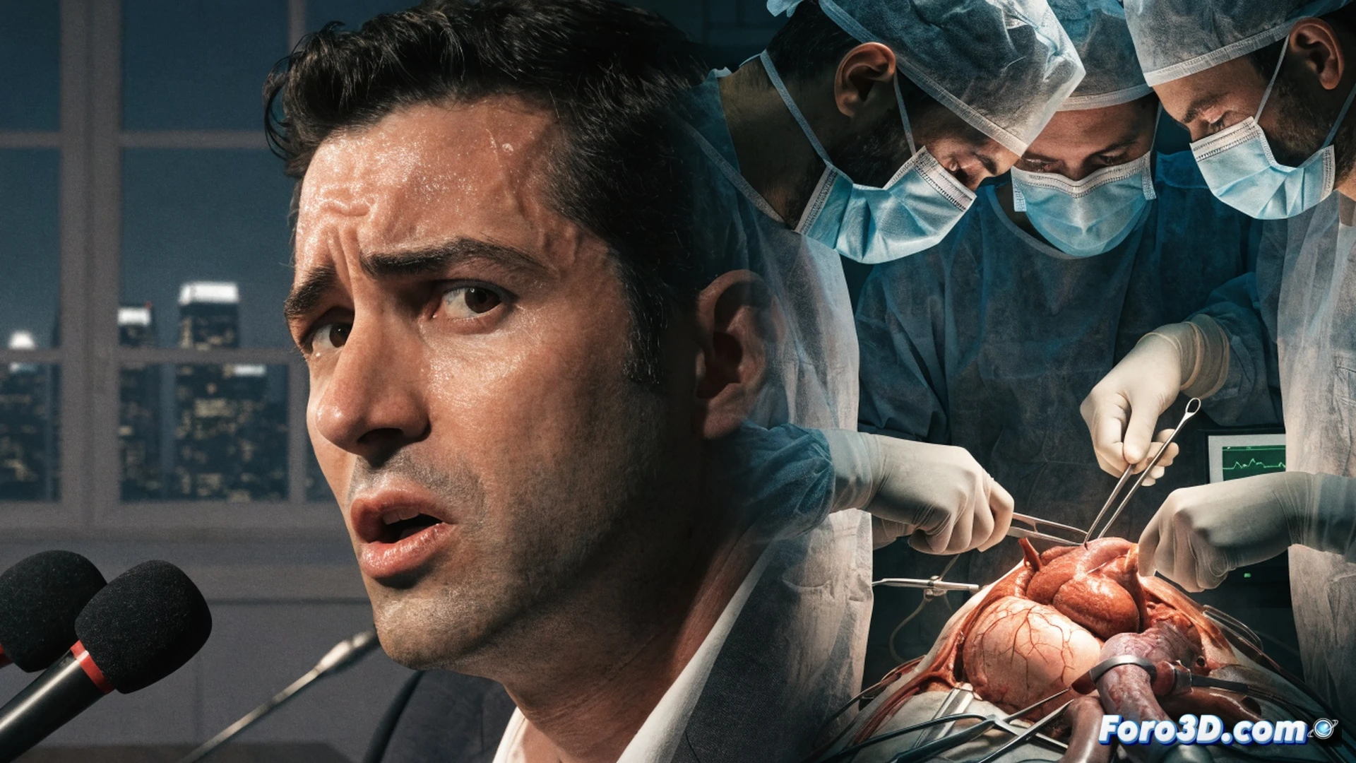 Photorealistic medical illustration of a middle-aged man in a suit collapsing mid-sentence at a press conference podium, hands clutching chest in sudden cardiac distress, microphone falling, blurred journalists and cameras in background, ECG heart monitor screen showing arrhythmia warning lines, defibrillator paddles being prepared by paramedics rushing into frame, forensic lighting highlighting sweat on forehead and pale skin, cinematic dramatic composition, shallow depth of field, cold blue and red emergency tones, ultra-detailed medical equipment and fabric textures, high-contrast technical visualization
