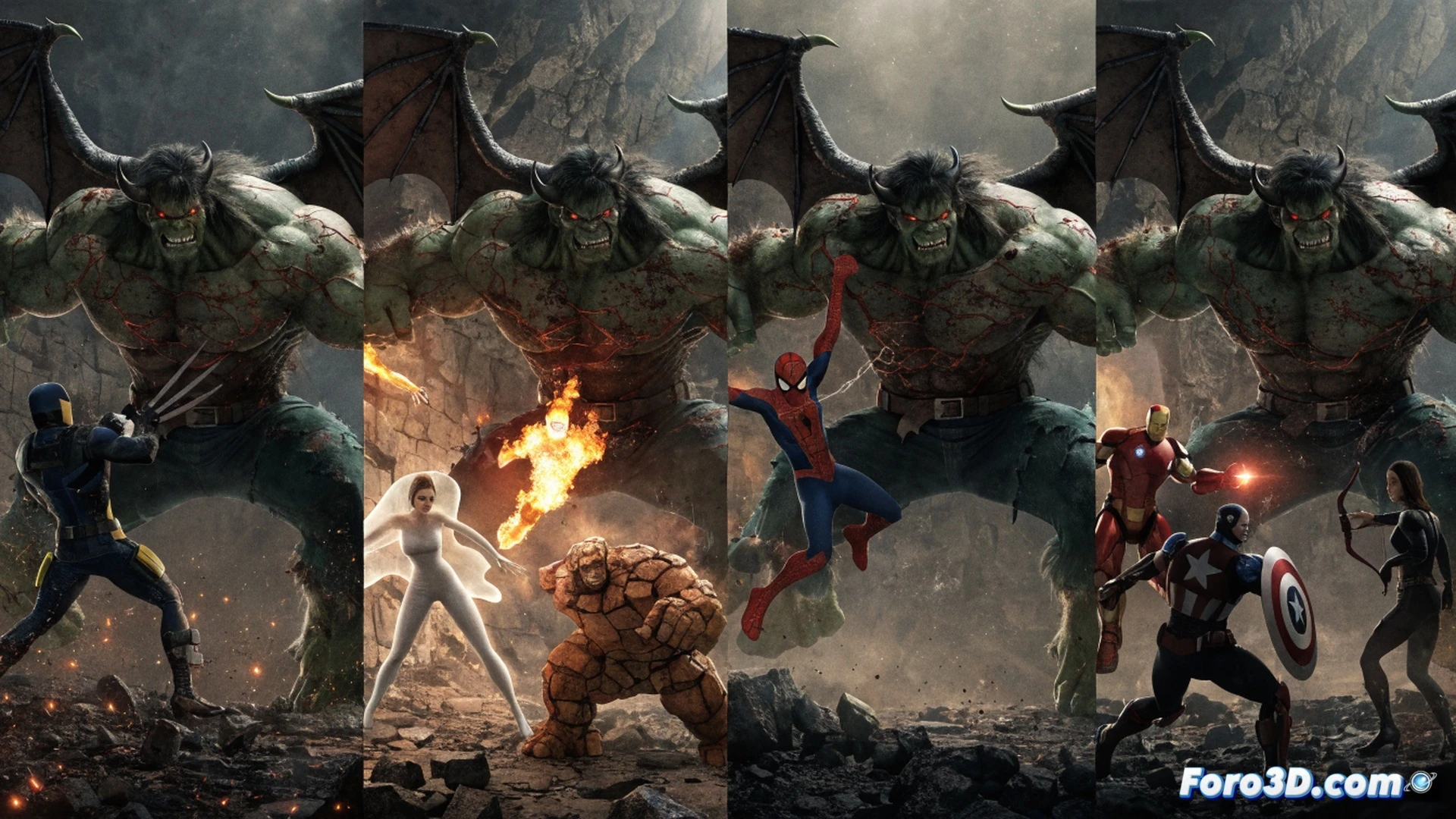 Infernal Hulk rampaging through a burning city street, clawed hands gripping a shattered Spider-Man web-shooter, Wolverine mid-swing with adamantium claws slicing through demonic energy tendrils, broken lab equipment and glowing green toxic waste scattered across debris, cinematic horror style, dramatic low-angle shot, hellfire reflections on wet asphalt, smoke and ember particles in air, ultra-detailed muscle anatomy on Hulk, photorealistic dark fantasy render, intense action pose showing Hulk roaring while Wolverine attacks from behind, crumbling skyscrapers in background, glowing orange eyes and veins on Hulk, chaotic destruction with sparks and rubble flying