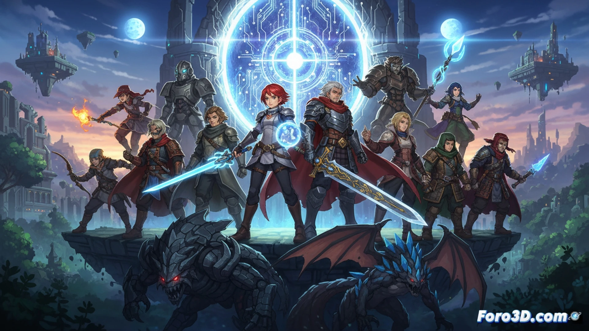 Pixel-art crossover battle scene, Lea from CrossCode firing charged energy orbs while a Chained Echoes mech swings a glowing sword, both attacking a massive pixelated boss with health bar fragments floating mid-air, nine character silhouettes visible in the background, glowing donation icon shaped like a medical cross hovering above the fight, retro RPG isometric perspective, vibrant neon blue and red combat effects, cracked stone arena floor showing digital grid lines, particles of shattered game cartridges scattering during the clash, cinematic pixel-art style with dynamic motion blur on projectiles, dramatic lighting from spell impacts, technical game-engine visualization aesthetic