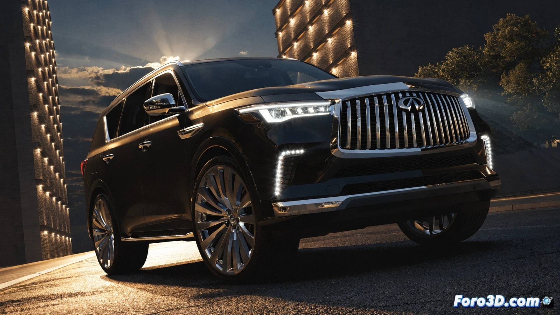 cinematic aerial view of a 2026 Infiniti QX80 towing a heavy trailer uphill on a winding desert road, fuel gauge needle dropping rapidly toward empty while premium gasoline pump nozzle hovers near the filler cap, engine bay heat waves distorting air above the massive V8, digital dashboard displaying 17 mpg average and 8500 lbs tow load, photorealistic automotive visualization, dramatic golden hour lighting, dust clouds kicked up from rear wheels, metallic body reflecting harsh sun, realistic heat haze and motion blur, technical engineering aesthetic