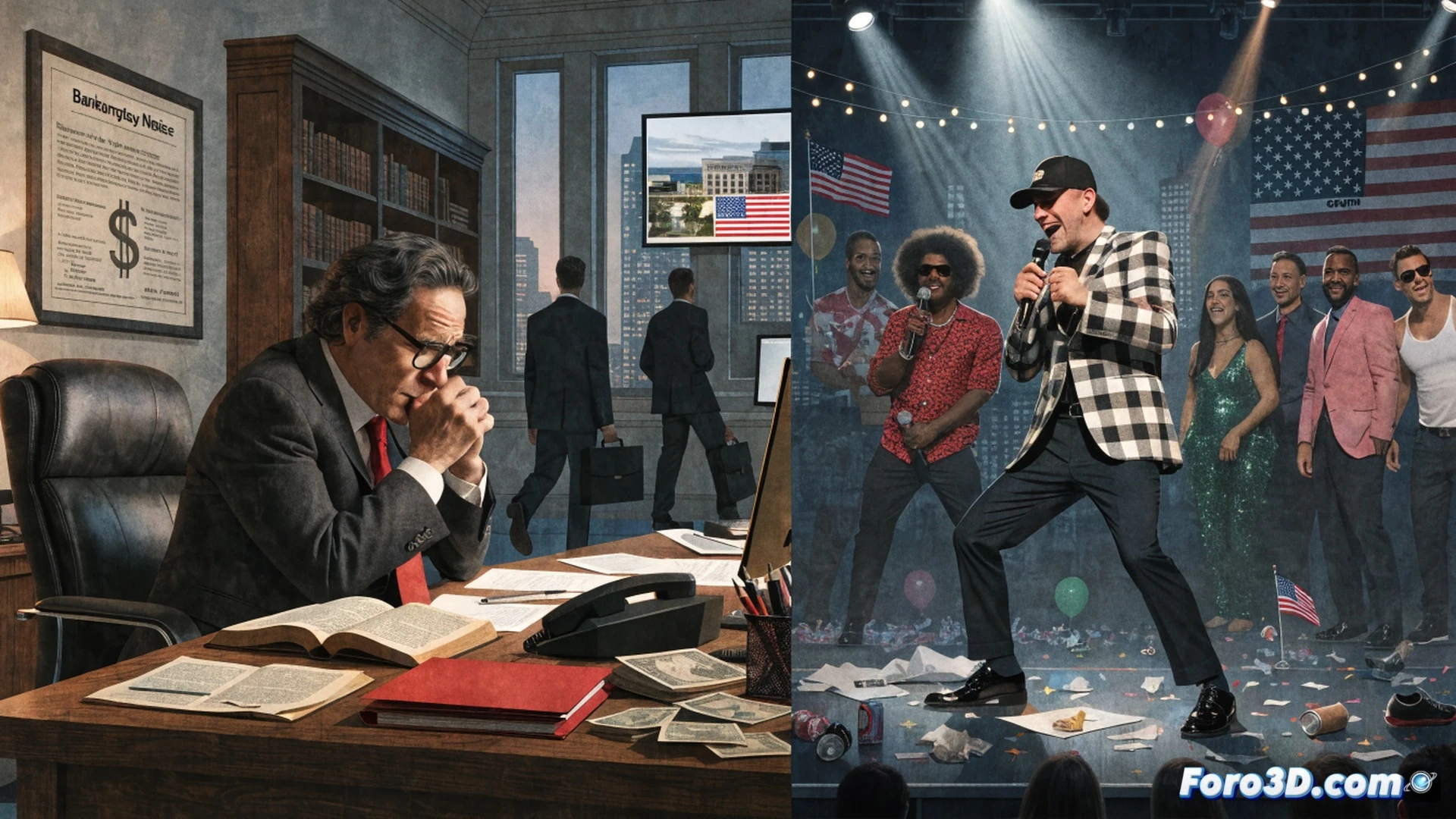 A vintage television studio being dismantled, a collapsing InfoWars broadcast set crumbling into rubble while a glowing The Onion comedy stage rises from the debris, a shattered megaphone lying on the floor, a giant check for 100,000 dollars floating upward toward grieving families, cinematic photorealistic illustration, dramatic dust particles in spotlight beams, dark blue and gold contrast, emotional metamorphosis scene, technical architectural destruction, ultra-detailed studio equipment falling, symbolic transition from conspiracy to satire