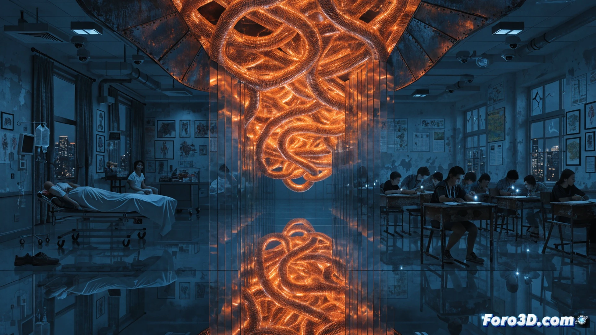 A crumbling public hospital corridor with cracked walls and flickering fluorescent lights, a doctor using a broken stethoscope while holding an empty prescription pad, an overflowing waiting room with patients holding unpaid bills, a digital tablet on a nurse’s cart showing a red debt graph of 30,000 million, technical cinematic visualization, cold blue-gray industrial lighting, peeling paint, dust particles in the air, photorealistic architectural decay, dramatic shadows, urgent human action, hyper-detailed medical equipment and financial data interface