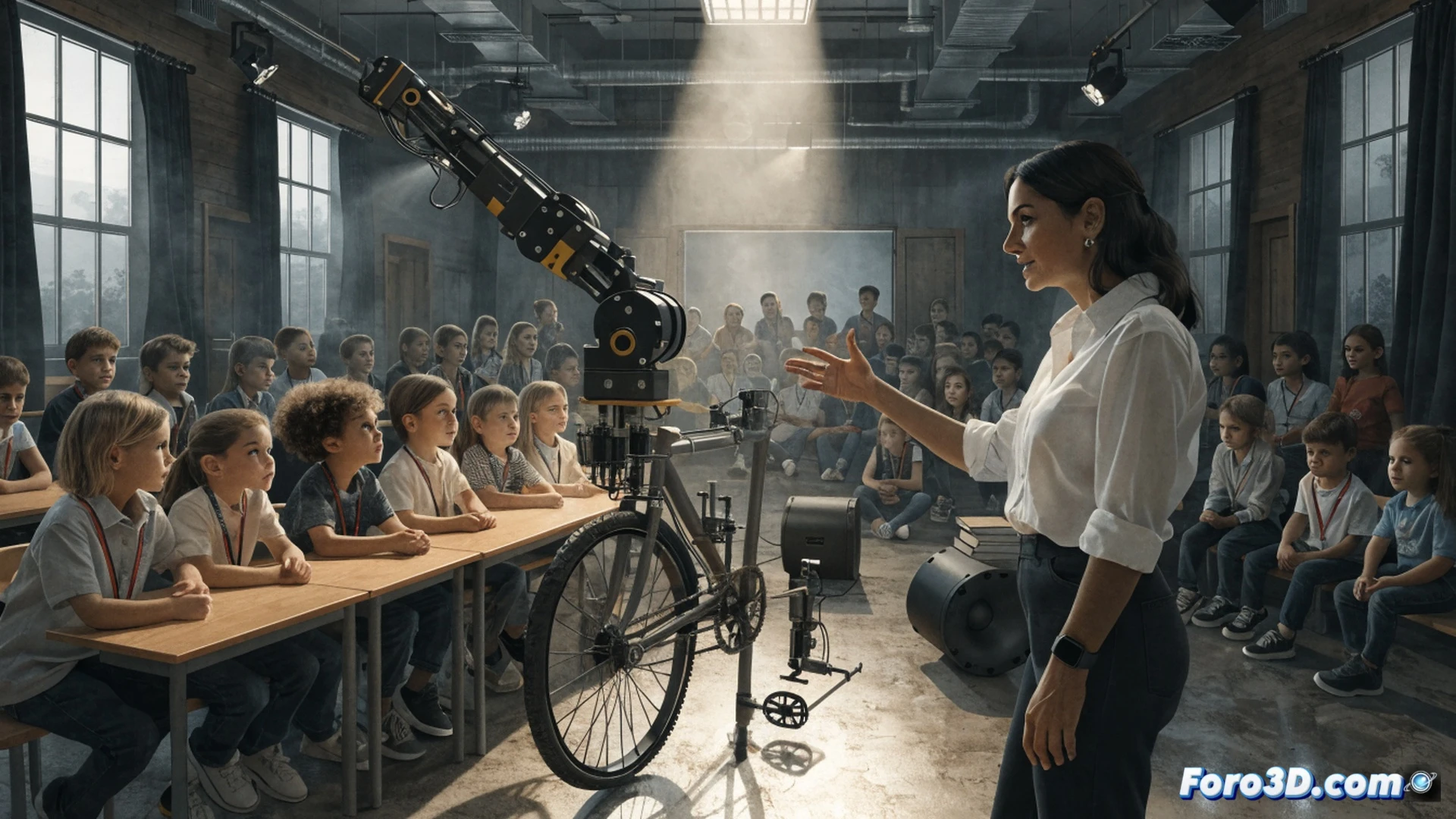ingeniera mujer joven arrodillada junto a mesa baja, rodeada por 48 niños sentados en círculo atentos, sosteniendo un pequeño robot modular desarmado con engranajes y cables visibles, mostrando una placa de circuito impreso con leds azules encendidos, mientras un proyector detrás muestra un esquema de diseño industrial, aula luminosa con estanterías de material didáctico técnico, expresión de curiosidad y sonrisa en los niños, estilo cinematic photorealistic, iluminación natural desde ventanas laterales, profundidad de campo suave, colores vibrantes y cálidos, ambiente educativo interactivo.