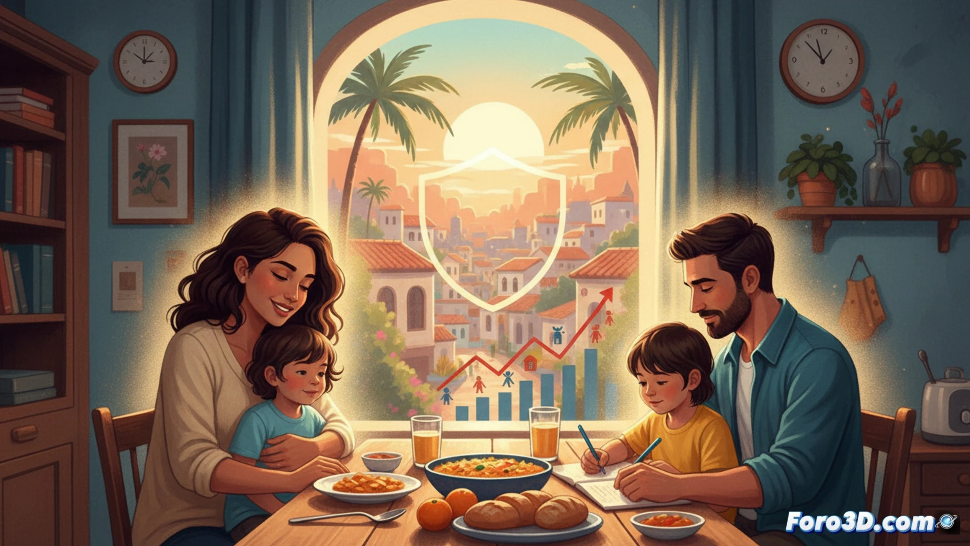 photorealistic scene of a modern Spanish apartment interior, a parent holding a child while unpacking a grocery bag with fresh vegetables and bread on a kitchen table, sunlight streaming through a window, a tablet on the counter displaying a bank transfer confirmation icon, financial security concept, warm domestic lighting, shallow depth of field, soft shadows, clean minimalist furniture, emotional intimate moment, cinematic composition, 4K hyperrealistic render