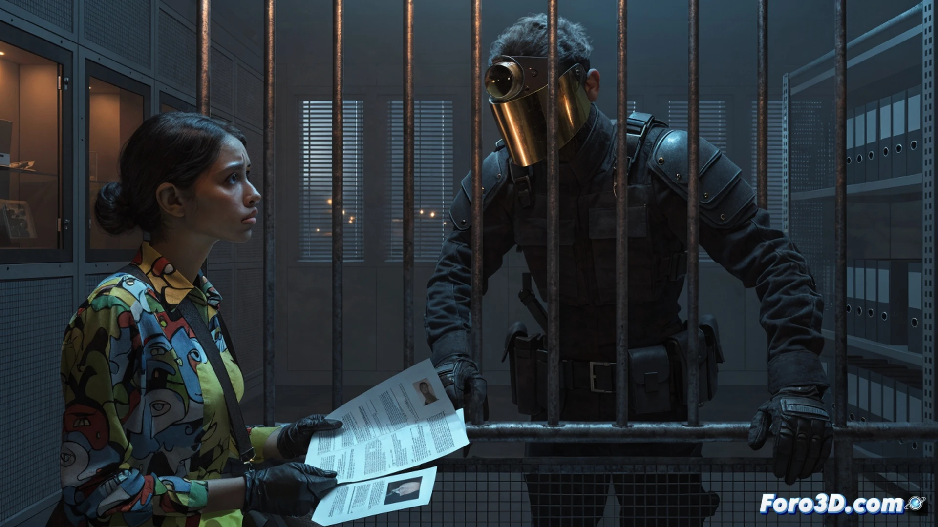 bureaucratic detention scene, woman with passport and residency card standing inside a glass-walled immigration office, security guard placing handcuff on her wrist while she holds a stamped document, digital screens showing pending application status, conveyor belt with envelopes and folders, harsh fluorescent lighting, sterile white walls, surveillance cameras recording, photorealistic technical illustration, dramatic shadows, cold blue-gray color palette, ultra-detailed textures on paper and plastic ID cards, cinematic composition