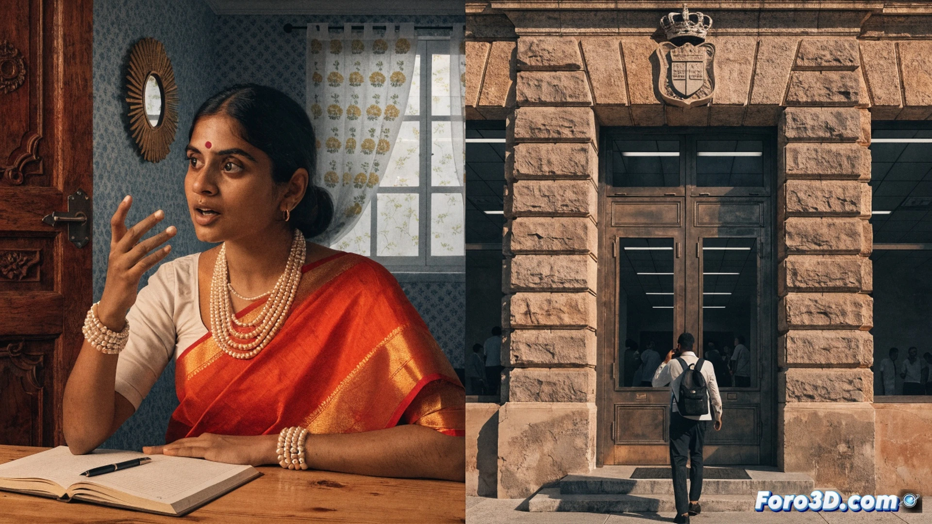 Indian woman in a Mallorca kitchen demonstrating fluent Catalan conversation on a video call, laptop screen showing a language-learning interface with verb conjugation charts, Catalan grammar book open beside a tablet displaying a dictionary app, immigrant family photos on the wall, contrasting with a nearby stack of unopened official documents in Spanish, cinematic photorealistic style, warm indoor lighting, sharp focus on her expressive hand gestures and the screen, subtle digital glow from the devices, technical illustration of cultural integration through digital tools