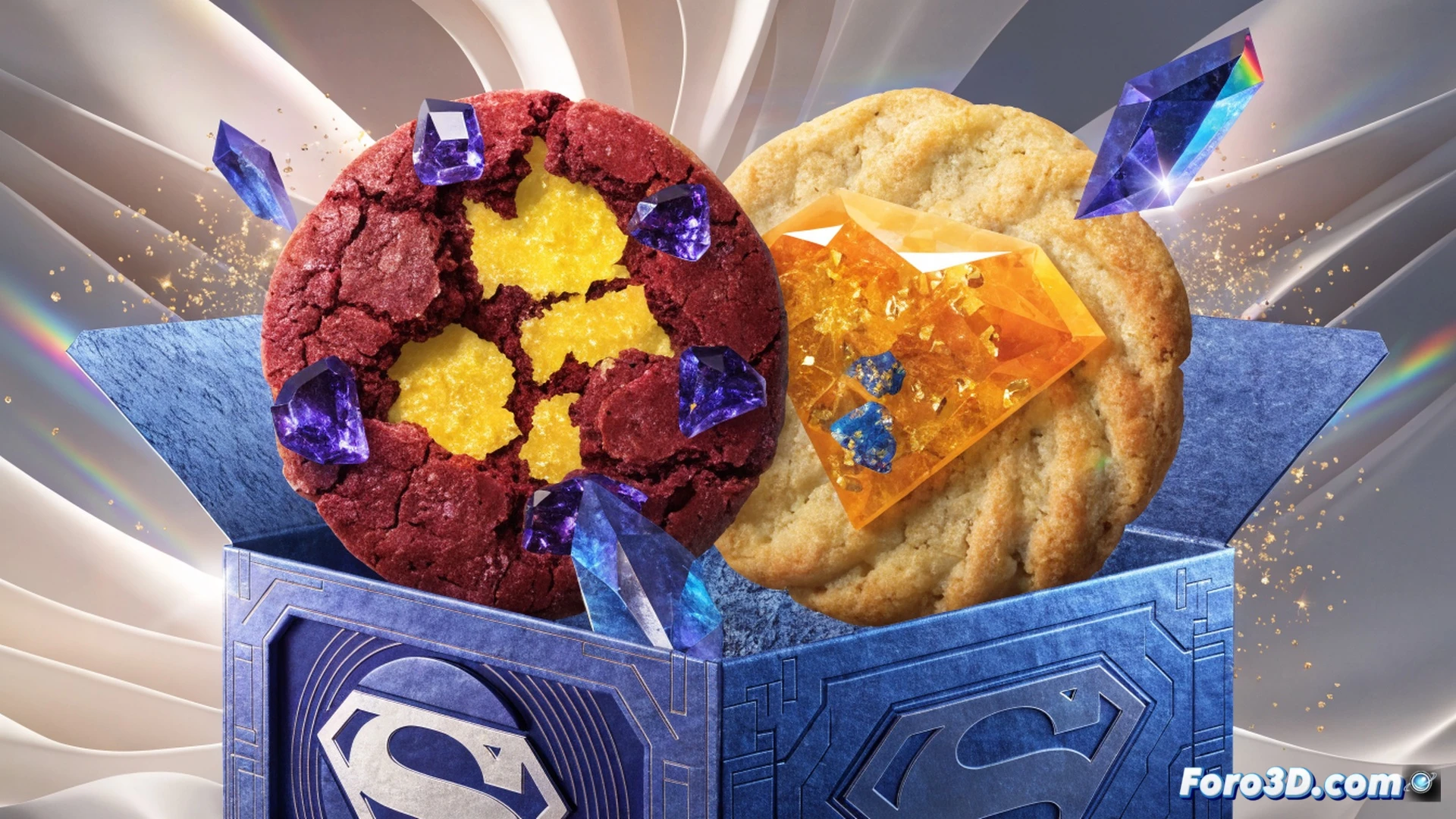 Insomnia Cookies bakery kitchen during limited edition Supergirl cookie production, baker wearing gloves placing red velvet and lemon cookies onto cooling racks, metallic mixing bowls with vibrant red and yellow batter nearby, oven glowing with heat, superhero-themed packaging boxes stacked in background, cinematic food photography style, warm golden lighting, steam rising from fresh cookies, crumb details on countertop, photorealistic hyper-detailed render, dynamic action shot while baker reaches for solar punch frosting