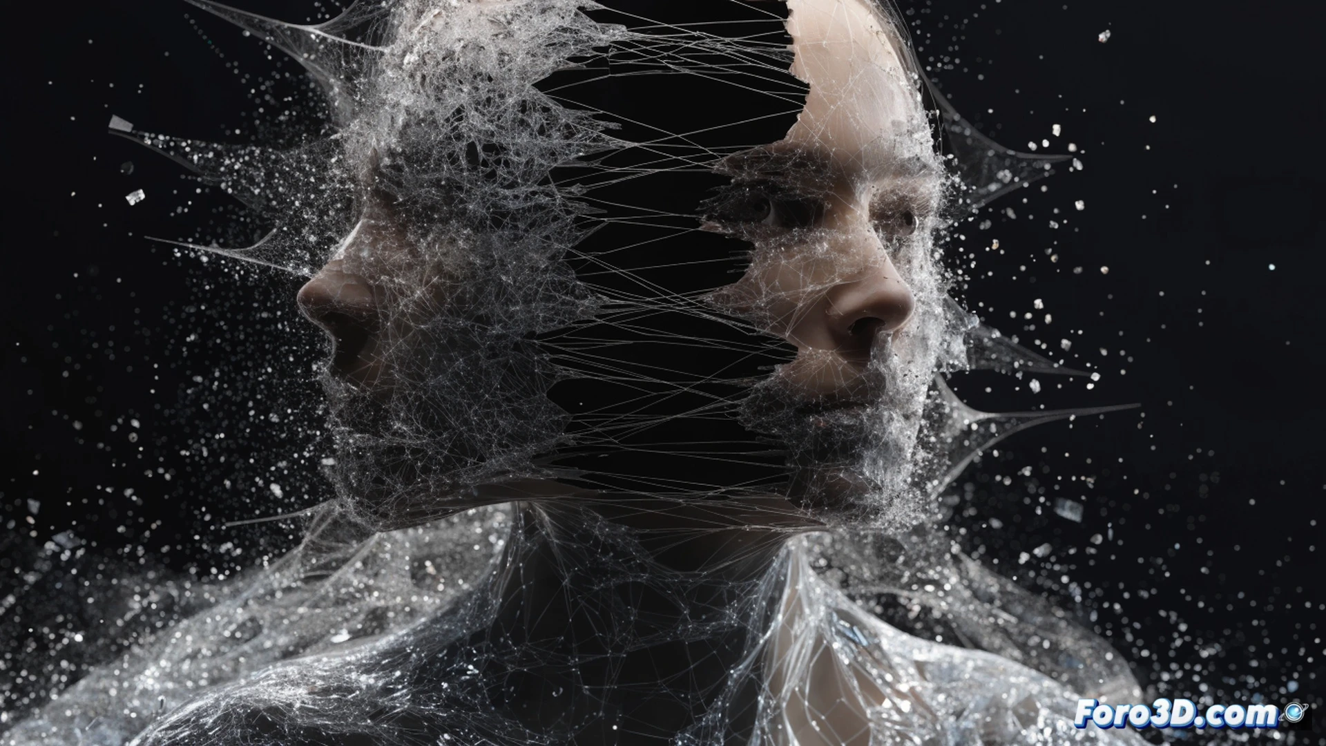 Photorealistic technical illustration of a young woman facing a smartphone camera, her reflection in the screen showing a distorted unrecognizable face, while digital fragmentation lines spread across her features like eroded pixels, neural network nodes glowing faintly around her head representing brain confusion, selfie stick and phone held in her hands, broken mirror fragments floating in the air behind her, cinematic dark studio lighting with blue and magenta hues, shallow depth of field focusing on the phone screen, hyperrealistic skin texture, subtle glitch effects on her reflected face, psychological horror aesthetic, advanced digital identity erosion concept