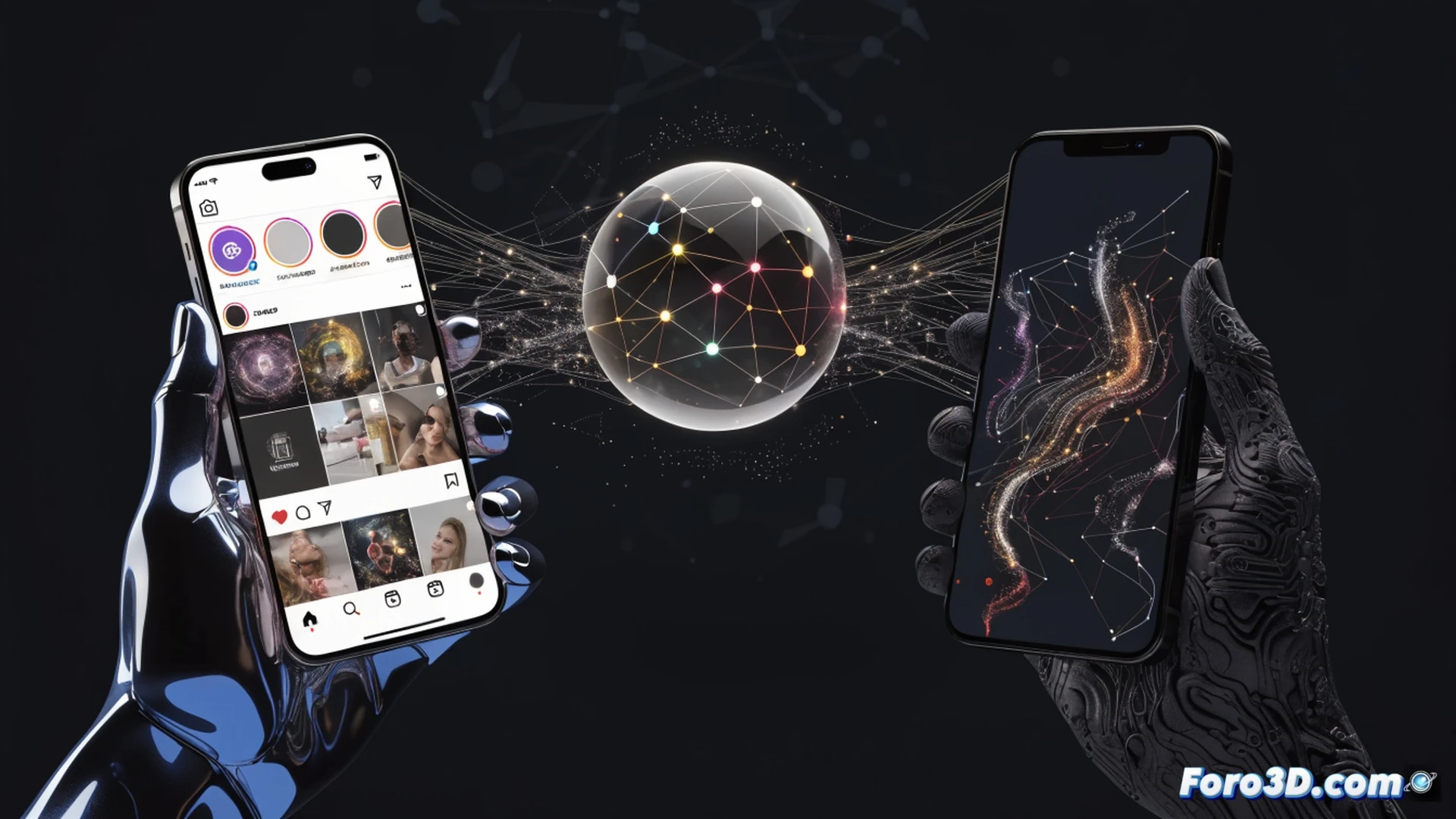 smartphone held in hand showing Instagram feed, user swiping down on a Reel video, floating control panel emerging with sliders for content preferences, algorithm adjustment interface visible with icons for more or less of specific topics, transparent UI elements overlaying the screen, dynamic digital interaction, cinematic technical illustration, sleek modern device with glowing screen, dark mode interface, subtle motion blur on swiping finger, photorealistic product visualization, soft studio lighting highlighting the screen details, clean minimal composition