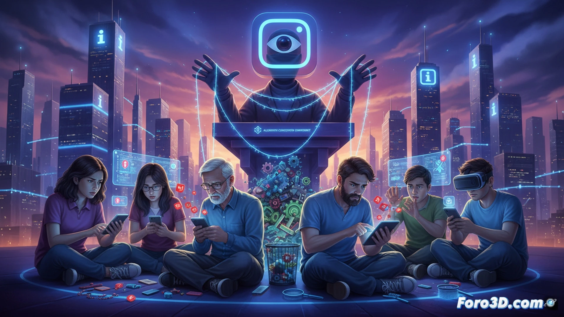 cinematic scene of a smartphone screen showing Instagram interface, a human hand reaching toward the screen to adjust algorithm settings, gears and code fragments floating above the phone, tangled data cables connecting the phone to a heavy chain wrapped around the user's wrist, dark ambient lighting with blue and orange glow from the screen, photorealistic technical illustration, metallic reflections on the phone surface, stress marks on the user's hand, dramatic shadows emphasizing the burden of moderation work, ultra-detailed textures