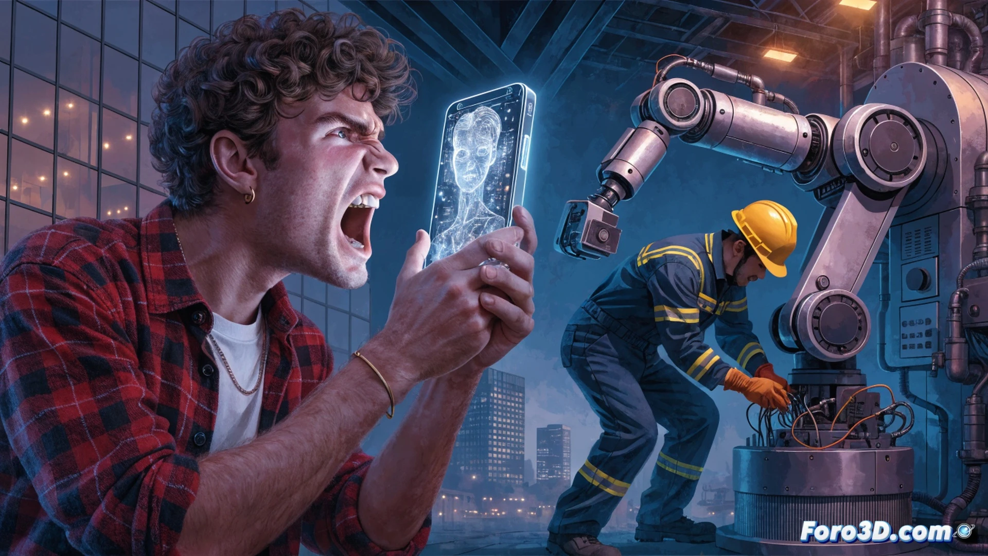 Photorealistic scene of a frustrated office worker shouting at a smart speaker on a cluttered desk, Siri interface glowing on a tablet showing error messages, while in the background a factory robot arm is being sabotaged by a worker with a wrench, broken cables sparking, anxiety visible in body language, cinematic lighting with harsh shadows, ultra-detailed hardware components, realistic textures of plastic and metal, emotional tension emphasized through posture and facial expression, dramatic industrial office atmosphere, technical visualization of human-machine conflict