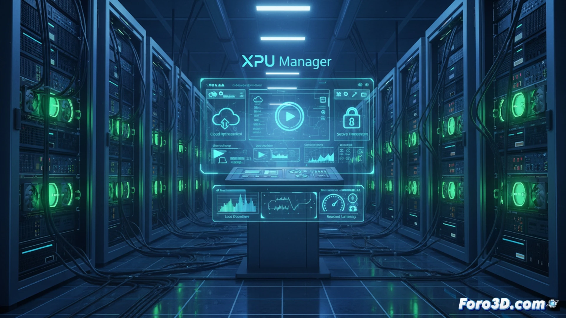 Un centro de datos iluminado en azul, con servidores apilados y una pantalla mostrando la interfaz de XPU Manager de Intel, con gráficas Arc Pro destacadas.