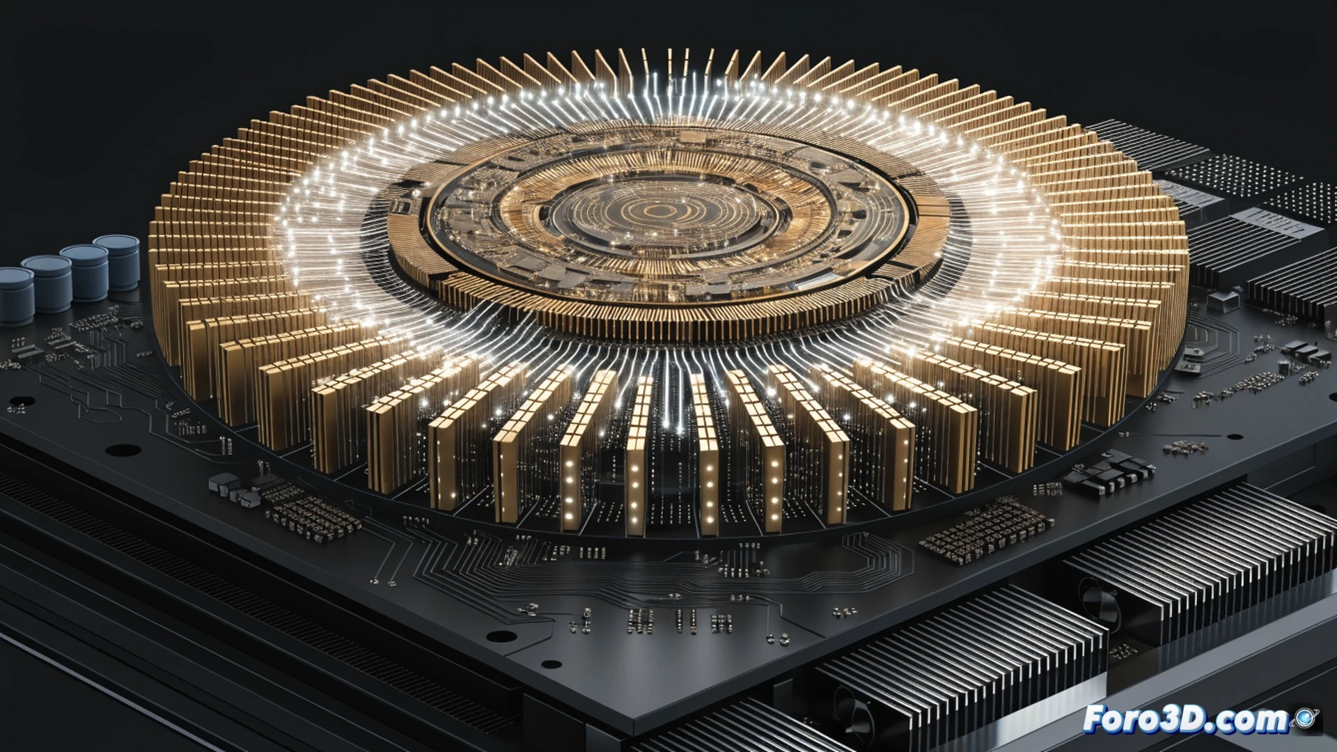 photorealistic engineering visualization of Intel Gaudi 3 AI accelerator chip inside a data center server rack, cooling fans spinning rapidly while blue fiber optic cables transmit data streams, multiple LLM training processes running simultaneously on a motherboard, glowing circuits and heat sinks dissipating energy, GPU-like die layout with hexagonal compute clusters, dramatic industrial lighting with cool blue and warm orange contrast, ultra-detailed metallic surfaces, dust particles suspended in air, cinematic depth of field, technical illustration style