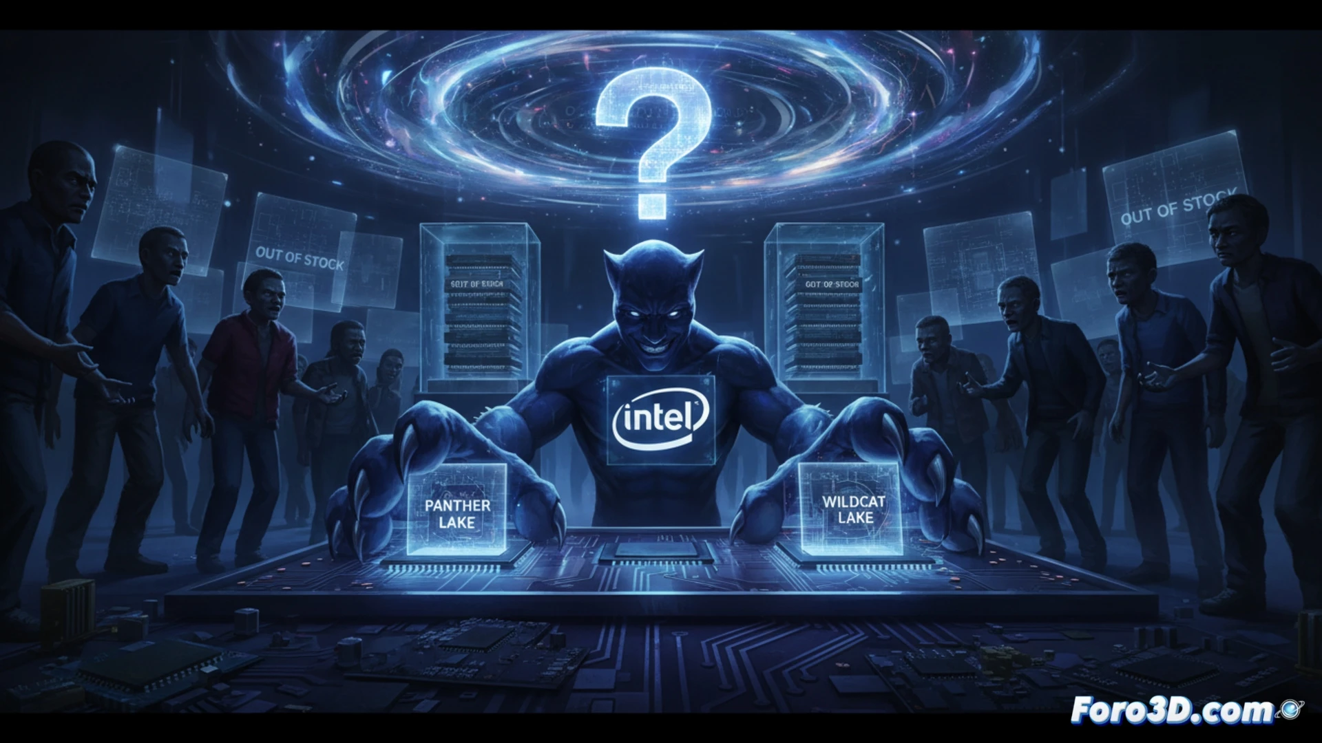 Panther Lake and Wildcat Lake processor dies floating in empty supply chain tubes, factory conveyor belts halted with cobwebs, a magnifying glass hovering over barren silicon wafers showing missing chips, inventory shelves stacked with outdated Intel boxes while new CPU sockets remain empty, technical illustration style, cold blue industrial lighting, metallic reflections on abandoned production lines, dust particles suspended in still air, photorealistic engineering visualization, dramatic contrast between old and new components