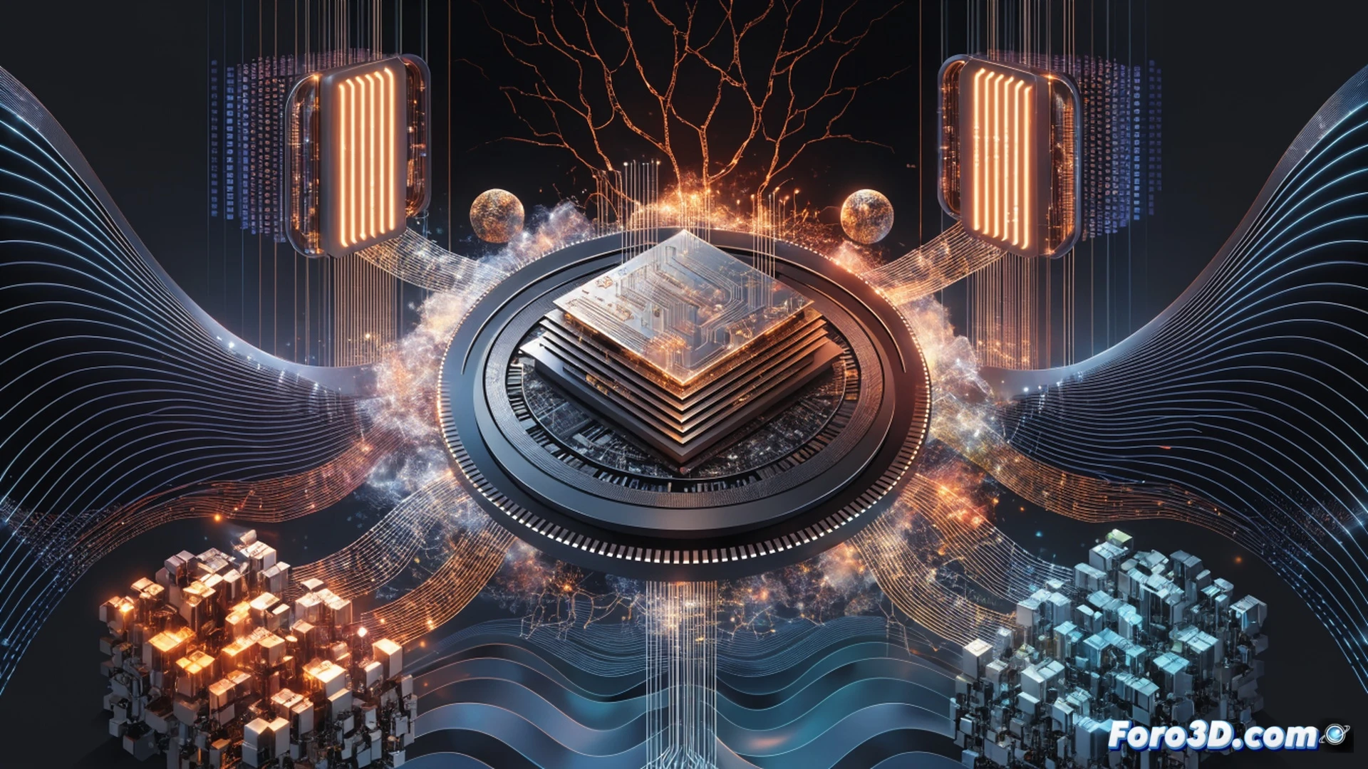 Intel engineer workstation with open laptop showing Compute Runtime software interface, code lines and processor architecture diagrams on screen, glowing circuit traces forming a lake shape on a futuristic chip prototype being inserted into a test motherboard, robotic arm holding a cooling module above, cinematic engineering visualization, blue and orange ambient lighting, metallic surfaces reflecting light, photorealistic technical render