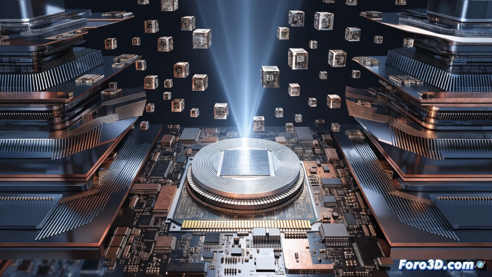 Intel and Nvidia Serpent Lake processor being assembled on a futuristic motherboard, glowing RTX ray tracing cores fusing directly into the chip die, laptop chassis open beside it showing no dedicated GPU slot, while AMD and ARM chips appear faded in the background, a robotic arm precisely positioning a cooling solution over the integrated graphics block, blue and green neon lighting reflecting off metallic pins, cinematic engineering visualization, photorealistic technical illustration, macro lens view of silicon wafer layers, ultra-detailed circuit traces, dramatic industrial lighting