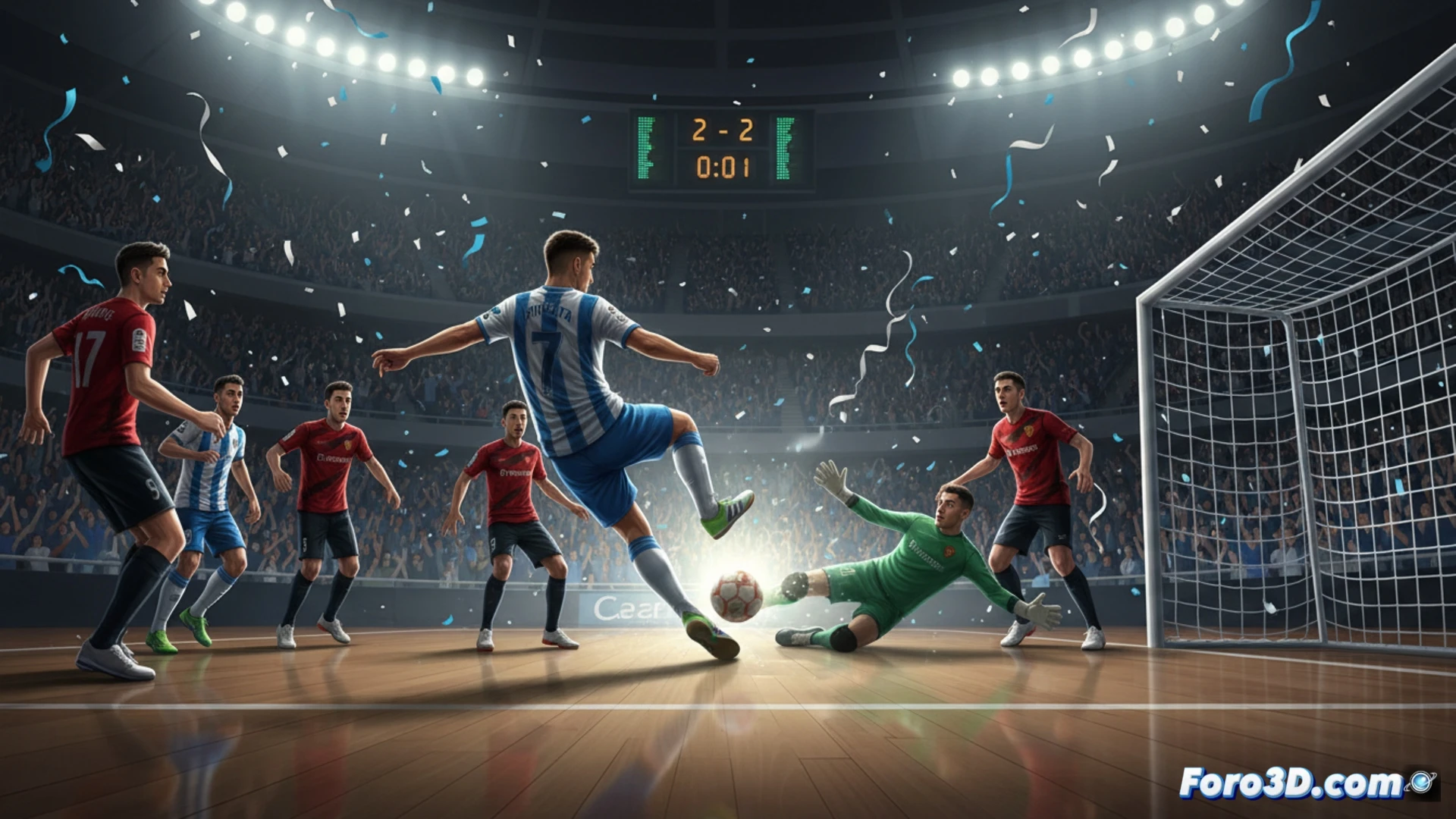 futsal court action shot, Inter Movistar player Pirata striking the ball in the last second, ball flying past Cartagena goalkeeper into the net, digital scoreboard showing 3-2 and clock at 00:00, motion blur on players and ball, dramatic stadium lighting, sweat droplets visible, crowd in background standing in shock, photorealistic sports photography style, high-contrast shadows, ultra-detailed player jerseys and court markings, dynamic action freeze-frame