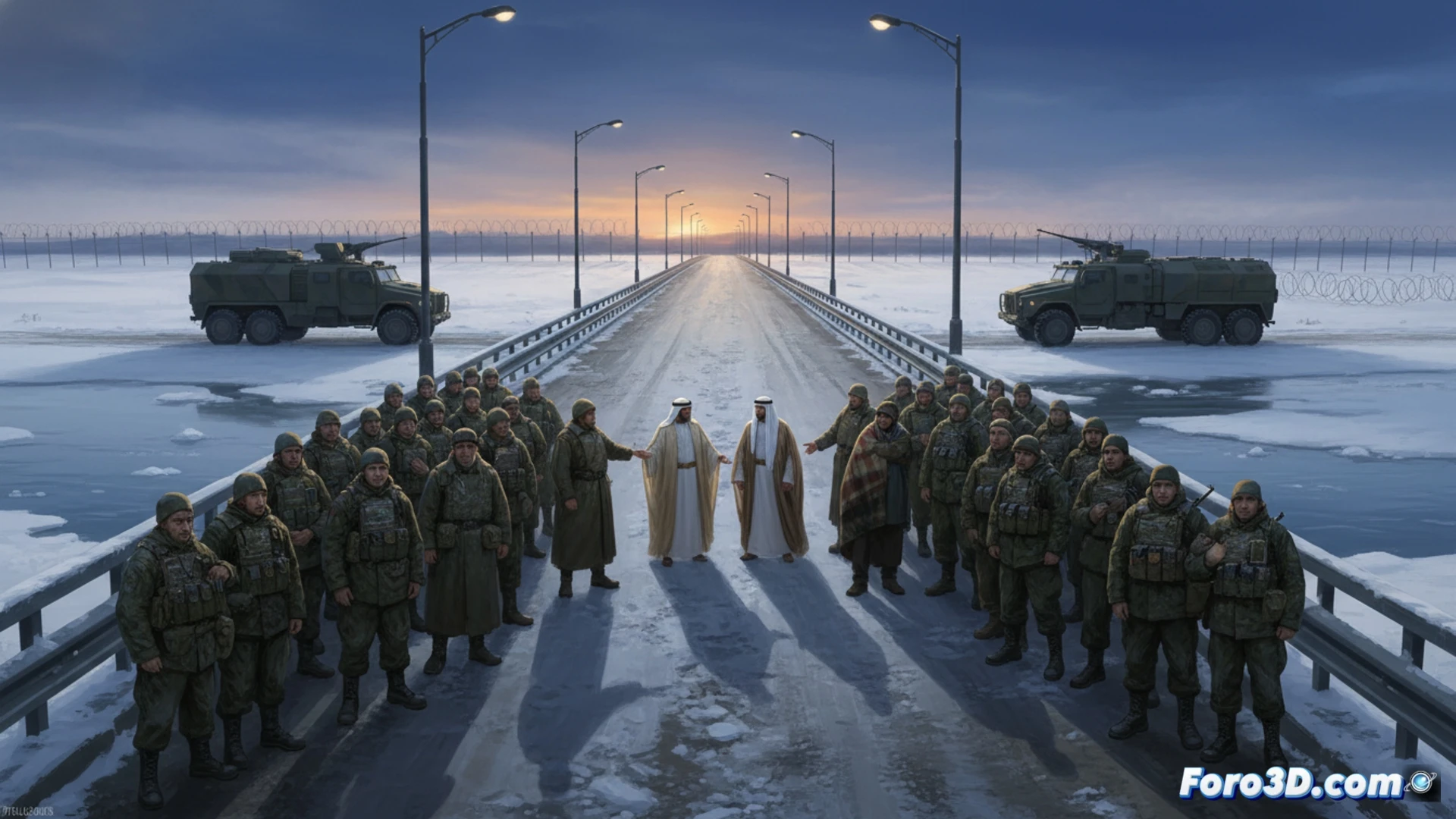 two groups of soldiers in mismatched uniforms walking toward each other across a muddy field at dusk, hands raised in cautious relief, military trucks parked at opposite ends with open cargo doors, a civilian in plain clothes stepping forward from the Ukrainian line, barbed wire fence behind them, Emirati flag visible on a white armored vehicle in the background, cinematic photorealistic style, overcast sky, cold blue-gray lighting, dust particles in the air, wet ground reflecting faint light, exhausted expressions emphasized, wide-angle lens, dramatic tension, ultra-detailed fabric textures and metal surfaces, no text or numbers