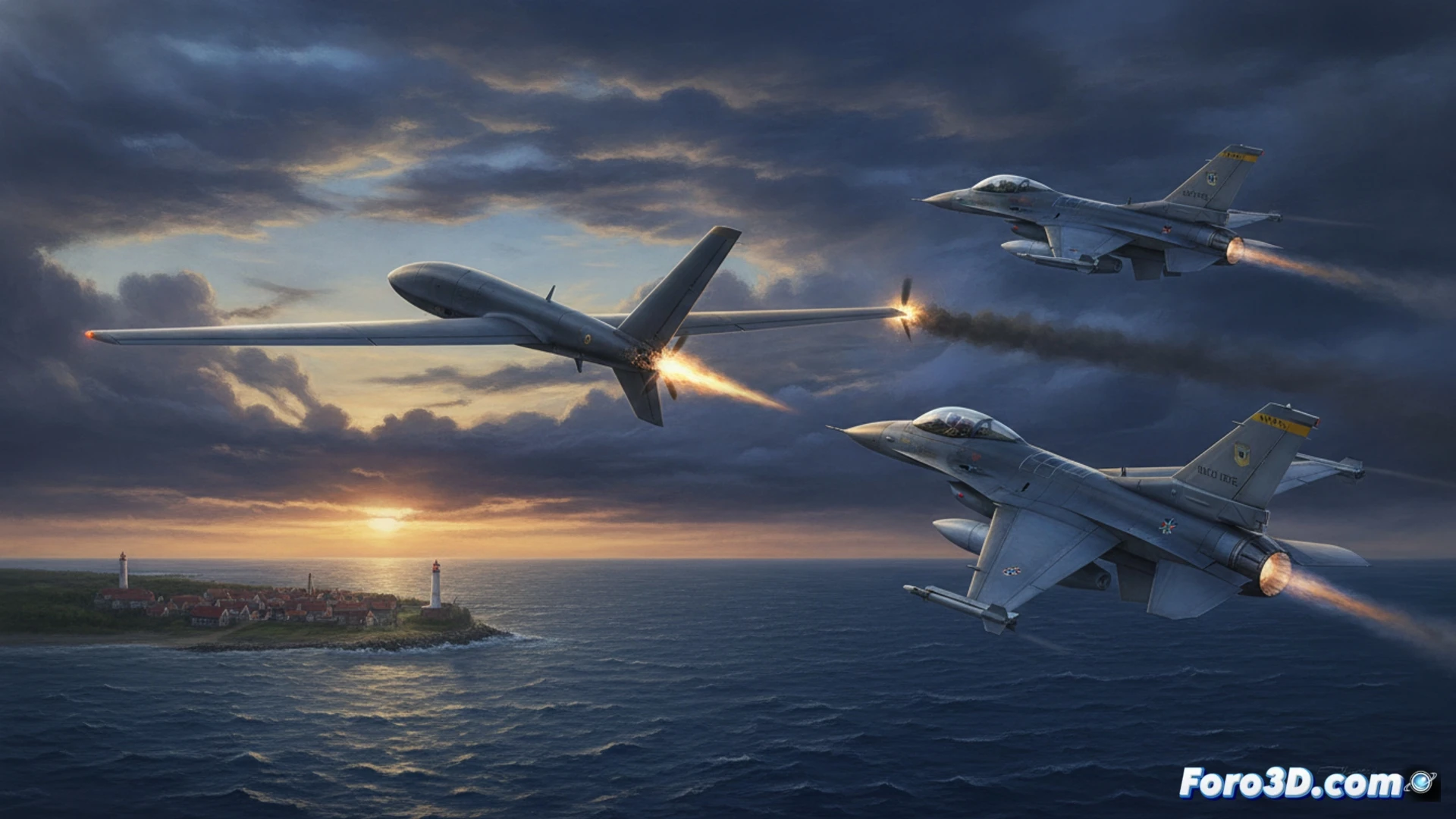 Cazas de la OTAN sobrevolando un paisaje boscoso de Letonia al atardecer, un dron militar no identificado siendo interceptado con un misil de corto alcance, estela de humo y fragmentos cayendo, cabina del caza mostrando pantalla de radar con punto rojo de amenaza, visibilidad de la acción de derribo durante patrullaje aéreo, estilo cinematográfico fotorrealista, iluminación dramática con cielo nublado, detalles técnicos en las alas del caza y estela de combustión, alta definición, texturas metálicas realistas