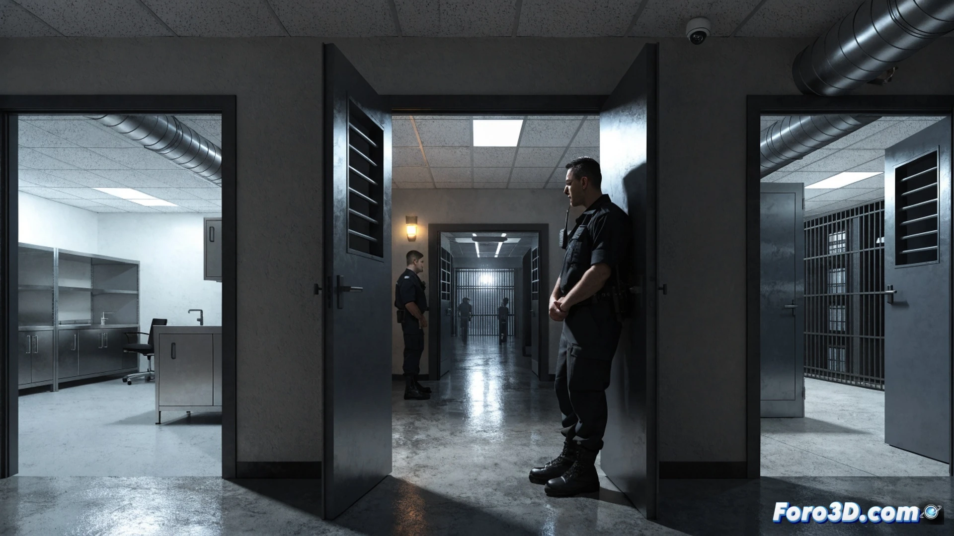 photorealistic cinematic scene of a modern prison hallway, a diverse group of candidates in formal attire holding official documents and identification badges, walking through a secure metal detector gate, a prison guard in uniform observing the process, digital hiring dashboard on a wall monitor showing the number 1050 with a green hiring progress bar, technical elements include biometric fingerprint scanner, security camera, and electronic turnstile, bright institutional lighting, polished concrete floor reflecting the group, professional and hopeful atmosphere, wide-angle lens, ultra-detailed textures, dramatic shadows emphasizing security and opportunity