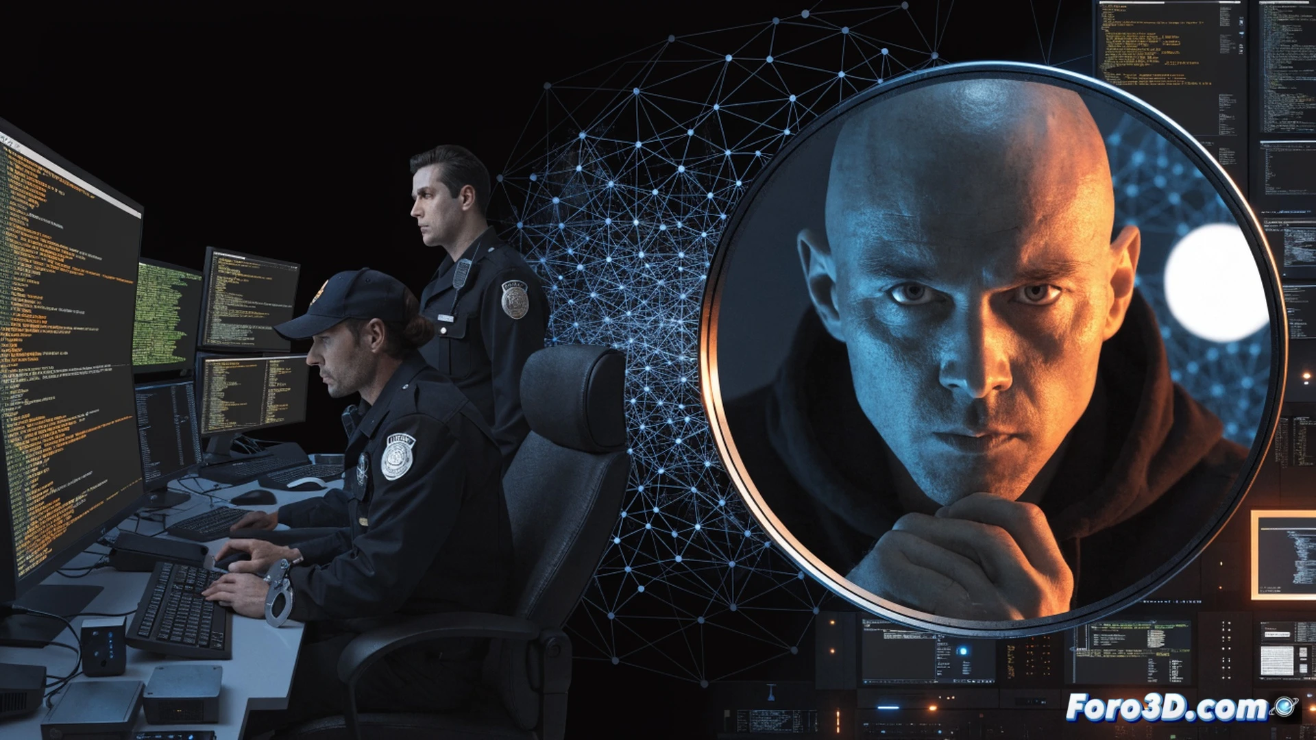 INTERPOL agentes en centro de control digital, pantallas táctiles mostrando red de phishing Sniper Dz siendo desmantelada, servidores apagándose con luces rojas parpadeantes, cables de datos desconectados durante la acción, un administrador arrestado esposado junto a teclados y ratones, forensic tools analizando código malicioso en monitores, estilo cinematic photorealistic technical illustration, iluminación dramática azul y roja, sombras duras, texturas metálicas en hardware, detalles de circuitos y puertos USB, ambiente de operación policial de alta tecnología