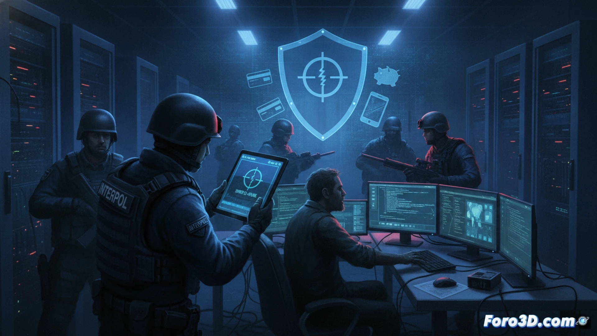 photorealistic cinematic scene showing a dark server room with a large digital screen displaying a glowing red skull and crossbones overlaid on a world map, a hooded figure in handcuffs being led away by two Interpol agents in tactical vests, a laptop with phishing login page visible on screen, cables and network hardware in foreground, dramatic blue and red emergency lighting, technical illustration style, high contrast shadows, ultra-detailed electronic components