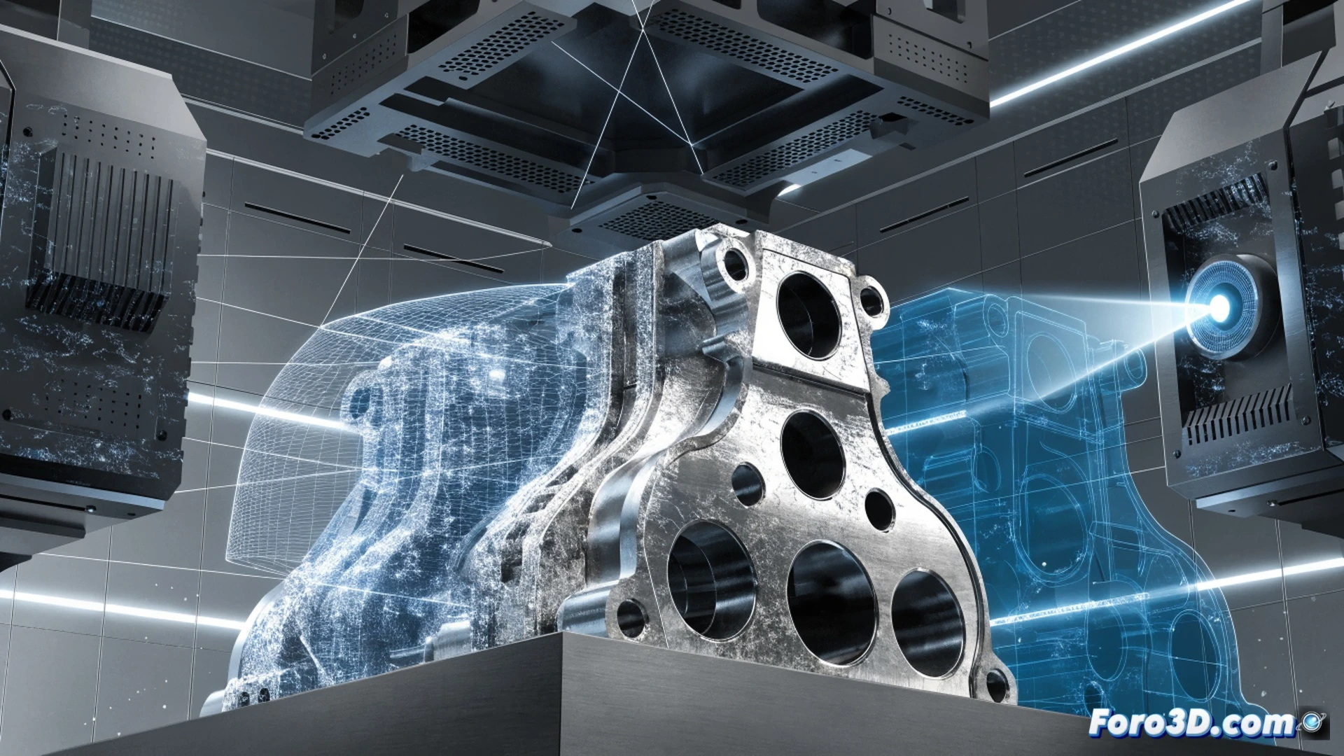 industrial 3D metal printing machine in operation, laser sintering process showing a metal part being built layer by layer, software interface overlay displaying real-time defect detection with glowing red highlights on a turbine blade, Pankl aerospace component being monitored, Interspectral analytics dashboard visible on screen, photorealistic engineering visualization, bright orange glowing metal powder bed, robotic arm moving during printing, sparks and heat distortion, hyper-detailed mechanical parts, dramatic workshop lighting, cinematic technical illustration