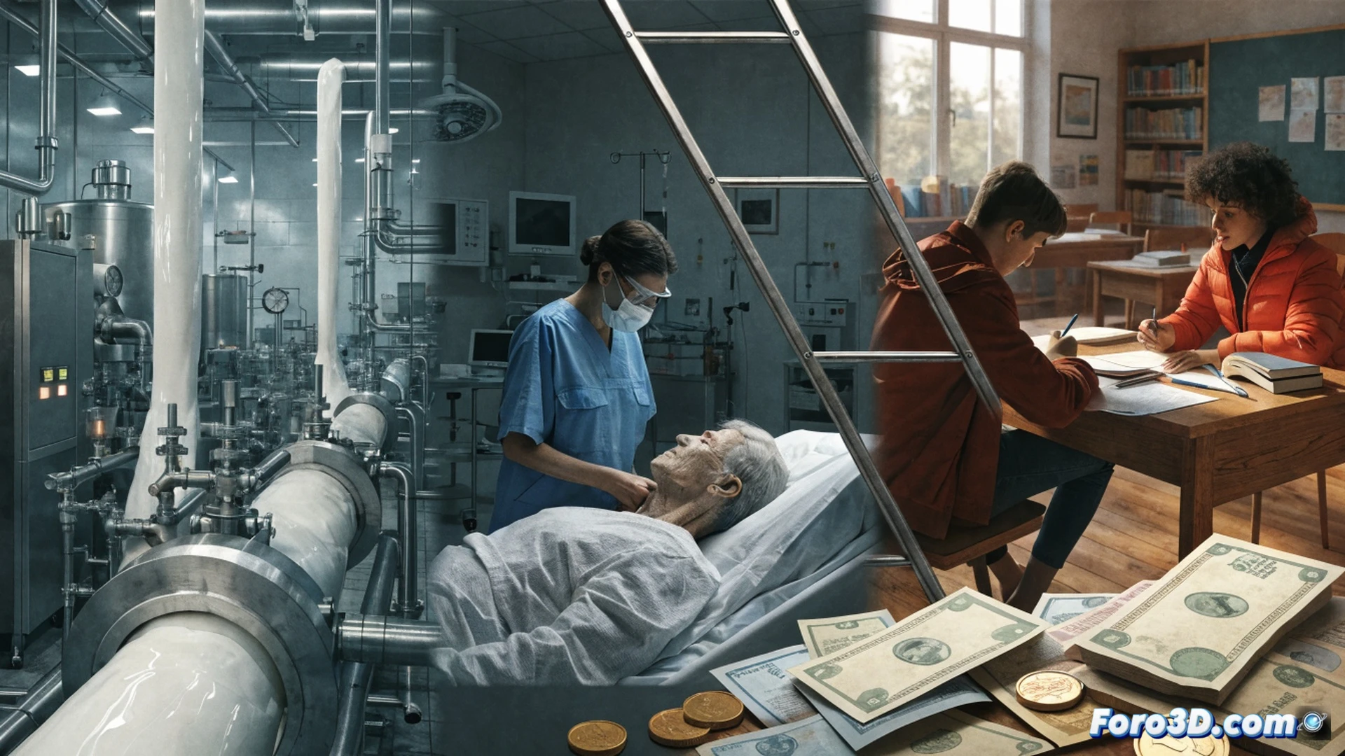 financial district building interior, government official in suit pushing a cart overflowing with milk cartons labeled with stock tickers towards a supermarket logo, while a hospital and school in the background fade into grey wireframes, cart wheels crushing a calculator and a broken piggy bank, cinematic technical illustration, photorealistic lighting, high contrast shadows, wide-angle lens, dramatic tension, hyper-detailed textures on marble floor and paper documents